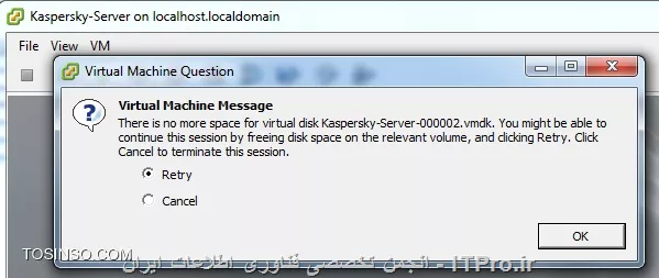 با سلام ، سرور مجازی شرکت ESXI 5.0.0 شامل 5 ویندوز سرور هست، اخیرا یک علامت ! زرد رنگ در کنار نام سرور ها نمایش داده می شود و هنگام انتخاب سرور پیام زیر نمایش داده می شود.دسترسی به سرور ها هم قطع می شود.با وجود اینکه خیلی از اطلاعات نامرتبط هارد دیسک رو حذف کردم بازم میزان حجم باقیمانده Data store رو بسیار کم نشون می ده.آیا اطلاعات پس از حدف در سرور ها ی مجازی در جایی مثل Recycle Bin نگهداری می شوند؟ لطفاً راهنمایی بفرمائید که این مشکل حل بشه. ممنون

||http://tosinso.com/files/get/010940fd-3846-4310-9f29-9e669052d18f||

||http://tosinso.com/files/get/09cbb693-eb00-452e-a6b2-06b7c6a7df31||

||http://tosinso.com/files/get/452343a9-d670-4fe7-9658-6337a7633441||
