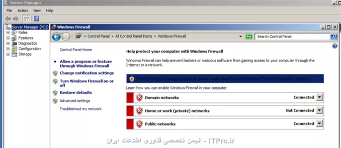 با سلام

من ویدوز رو که نصب کردم فایروال رو off کردم و بعد از این که جوین کردن فکر کنم یه فایروال دامین هم اضافه شده که نمیزاره از سرور ping کنم حالا میخوام برم اون رو هم  off کنم قسمت فایروال قفل شده نمیشه روش کلیک کرد

||http://tosinso.com/files/get/018b75e0-4bdf-471c-b8c2-76eff1946347||