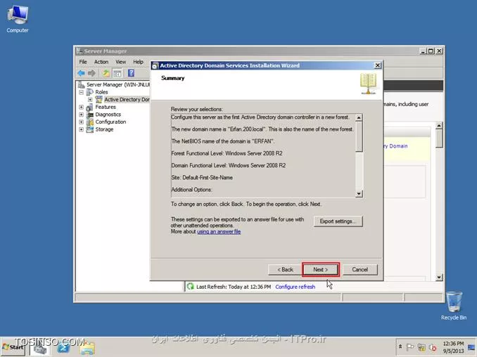 ||http://network.tosinso.com/files/get/465f83f1-ad1d-44fd-97d7-47db2dbdd599||
! راه اندازی یک شبکه قدرتمند محلی تحت دامین-Domain Networking

خب همان طور که از نامش معلوم هست شبکه ما تحت دامین میباشد و با شبکه های Workgroup خیلی تفاوت دارد. در شبکه دامین ما با سیستم عامل سرور یک شبکه راه اندازی میکنیم و بقیه کامپیوتر ها باید به سرور متصل شوند
تا بتوانند از سیستم های خود استفاده کنند همچنین ما در شبکه دامین میتوانیم سطح دسترسی کاربران را به قسمت های مختلف ویندوز محدود کنیم برای مثال از سرور دستور میدهم که کاربر X نتواند از USB استفاده کند و...
در شبکه Domain شما باید روی سرور برای هر کاربر Username و Password تعریف کنید تا کاربران با User و Pass های تایین شده توسط شما بتوانند کامپیوتر های خود را Login کنند.
در این قسمت از سیستم عامل Windows Server 2008 R2 استفاده میکنیم.

*خصوصیات شبکه Domain:*
قابلیت مدیرت هزاران کامپیوتر تنها از یک کامپیوتر ( سرور )
تعیین کردن سطح دسترسی کاربران به قسمت های مختلف سیستم عامل ویندوز
نصب برنامه ها تحت شبکه ( شما تایین میکنید که کاربران بتوانند چه برنامه هایی نصب کنند )
امنیت فوق العاده بالا
انعطاف پذیری بالا در مدیریت کاربران
نصب ویندوز بر روی کامپیوترهای Client عضو شبکه Domain
و......

پیکربندی ویندوز Server 2008 R2 Enterprise:
1- سیستم عامل ویندوز را روی کامپیوتر سرور نصب کنید. سیستم عامل را حتما فعال و Active کنید و ساعت آن را تنظیم کنید.
2- در این قسمت باید سرویس Active Directory را روی ویندوز سرور نصب کنید تا شبکه شما به Domain تبدیل شود. ( ADDC: Active Directory Domain Controller )
2-1: نصب سرویس Active Directory:

روی Start کلیک کنید سپس از Administrative Tools گزینه Server manager را انتخاب کنید:
||http://network.tosinso.com/files/get/d1bb9151-613e-43a6-9396-6d85acb85013||
2-2- در صفحه باز شده روی Roles کلیک کنید سپس Add Roles را بزنید:
||http://network.tosinso.com/files/get/9a64b30c-3142-4369-bca1-a874b86e16c5||
2-3- در این قسمت روی Next کلیک کنید:
||http://network.tosinso.com/files/get/587b1e57-15e6-462f-8a79-c55b970d6213||
2-4- در این قسمت تیک گزینه Active Directory Domain Services را بزنید:
||http://network.tosinso.com/files/get/ff749a6f-06e0-45a4-901e-53d8baa048a6||
2-5- صفحه ای باز میشود و باید روی Add Required Features کلیک کنید:
||http://network.tosinso.com/files/get/3fbe52f7-01e0-45d6-adb0-5fb2c2f42793||
2-6- تیک Active Directory Domain Services زده شد حالا روی Next کلیک کنید:
||http://network.tosinso.com/files/get/524e7fd5-206f-47f3-854a-efe49c96326d||
2-7- روی Next کلیک کنید:
||http://network.tosinso.com/files/get/2e1a28d8-acb0-4701-a7ae-9f42e86e1968||
2-8- روی Install کلیک کنید تا سرویس Active Directory نصب شود:
||http://network.tosinso.com/files/get/162dd0de-588b-4136-aaa4-2104315ab108||
2-9- در حال نصب:
||http://network.tosinso.com/files/get/6489b5cd-83f0-4b66-a890-eaa10b5c4660||
2-10- روی Close کلیک کنید تا نصب به اتمام برسد:
||http://network.tosinso.com/files/get/1b8b18aa-6986-418a-b01e-6b59c2ca8d5d||
2-11- روی Start کلیک کنید سپس از Administrative Tools گزینه Server manager را انتخاب کنید.
روی Roles کلیک کنید سپس روی Active Directory Domain Services کلیک کنید:
||http://network.tosinso.com/files/get/dee593d9-243f-44b2-93bc-6b300fe7d76c||
2-12- روی Run the Active Directory Domain Services Installation Wizard dcpromo.exe کلیک کنید:
||http://network.tosinso.com/files/get/3a44e3d2-068c-4c3d-9b58-80f609dbc2ad||
2-13- روی Next کلیک کنید:
||http://network.tosinso.com/files/get/3e5f84e4-a44a-4fad-8f5d-9f4ceb6e859f||
2-14- روی Next کلیک کنید:
||http://network.tosinso.com/files/get/2305697b-c67d-47d3-8601-cc7be14bc60a||
2-15- تیک گزینه Creat a new domain in a new forest را بزنید و روی Next کلیک کنید:
||http://network.tosinso.com/files/get/8dba017d-96aa-4fe6-bf36-681a52f70056||
2-16- در این قسمت باید برای دامنه شبکه دامین یک نام انتخاب کنید. دقت کنید که باید از 2 یا 3 کلمه تشکیل شود و بین آن ها نقطه ( . ) گذاشته شود. سپس روی Next کلیک کنید:
||http://network.tosinso.com/files/get/82dff6dd-706c-4bba-90b1-96701c4711e3||
2-17- در این قسمت از بالا ( Forest fuctional level ) گزینه Windows server 2008 R2 را انتخاب کنید و روی Next کلیک کنید:
||http://network.tosinso.com/files/get/781a032f-d08e-4aa9-bbfe-f0a3ed1ca1eb||
2-18- در این قسمت مطمئن باشید که تیک گزینه DNS خورده باشد سپس روی Next کلیک کنید:
||http://network.tosinso.com/files/get/f9000eaf-8a56-439c-b3f8-d985a60c39c0||
2-19- در این قسمت باید نوع سیستم IP دهی به شبکه را انتخاب کنید که DHCP و Manual میباشد من در اینجا ار IP دهی Manual استفاده میکنم و IP کارت های شبکه را دستی تنظیم میکنم
پس ابتدا IP سرور را دستی تنظیم کنید سپس گزینه زیر را انتخاب کنید:
||http://network.tosinso.com/files/get/82ea3931-05e4-4aea-99f3-969ef43e0458||
IP که من تنظیم کردم:
||http://network.tosinso.com/files/get/8154f867-bb10-4d7b-8e89-260cebf69a2b||
IP Address: 192.9.200.77 این IP باید در رنج IP ها و روترهای داخل شبکه باشد.
Subnet Mask: 255.255.255.0 باید همین مقدار باشد: 255.255.255.0
Default Geteway: 192.9.200.50 باید IP مودم یا روتر اینترنت باشد تا به اینترنت دسترسی داشته باشد.
2-20- سپس روی Next کلیک کنید و Yes را بزنید:
||http://network.tosinso.com/files/get/ea8c50c0-9f6d-4b9f-a188-7ea6f9e099d5||
2-21- روی Next کلیک کنید:
||http://network.tosinso.com/files/get/8065e660-4640-4674-a0ce-a263e88611f7||
2-22- در این قسمت برای بازیابی Active Directory یک رمز وارد کنید ( رمز شما باید ترکیبی از حروف کوچک حروف بزرگ و اعداد و کاراکتر یاشد ) سپس روی Next کلیک کنید:
||http://network.tosinso.com/files/get/f7579a6a-96f7-49b2-88d8-e51c2efbae91||
2-23- روی Next کلیک کنید تا تنظیمات اعمال شود:
||http://network.tosinso.com/files/get/01968a4a-546e-4e3b-9b0a-0577c06aaa91||
2-24- در این قسمت تیک گزینه Reboot on completion را بزنید تا بعد از اتمام نصب و تنظیمات سرور ریست شود:
||http://network.tosinso.com/files/get/4bf0cd9d-497e-4e7c-a2b6-07c6bdc59e00||
خب تا اینجا توانستیم شبکه Domain را روی سرور راه اندازی کنیم. حالا باید کامپیوترهای کاربران و کلاینت ها را عضو این شبکه کنیم.
||http://network.tosinso.com/files/get/2953c08f-ffda-4765-a24f-b57b27b1acb9||
! join کردن کامپیوتر ها به سرور
عضو کردن کامپیوترهای کاربران و کلاینت ها به شبکه Domain:
تعریف Username و Password برای یک یا چتد کاربر روی ویندوز سرور:
خب شما ابتدا باید روی سرور برای هر کاربر و کلاینت یک نام کاربری و رمز عبور تعریف کنید تا کاربران بتوانند وارد حساب کاربری خود شوند.
1- روی Start کلیک کنید سپس از Administrative Tools گزینه Server manager را انتخاب کنید.
به مسیر زیر بروید:
<c#>
Roles > Active Directory Domain Services > Active Directory users and Computers > Domain name > Users
<c#>
Domain name همان اسمی هست که برای شبکه Domain انتخاب کردید.
||http://network.tosinso.com/files/get/3643b8f5-fd04-49bd-afe5-70167391d2e2||
2- روی Users کلیک راست کنید و New user را بزنید:
||http://network.tosinso.com/files/get/5ad37cf3-02f0-47f7-9f82-91d39d93a7c9||
3- First name: نام کاربر را وارد کنید.

Last name: اسم فامیل کاربر را وارد کنید.

User logon name: نام کاربری کاربر برای وارد شدن به سیستم را وارد کنید.
سپس روی Next کلیک کنید:
||http://network.tosinso.com/files/get/60bb779e-6856-40b1-93ff-80b3c7021f24||
4- در این قسمت برای User که ساختید پشورد بزارید و همه تیک ها را بردارید و روی NExt کلیک کنید ( پسورد ترکیبی از اعداد حروف کوچک و بزرگ و کاراکتر باشد )
||http://network.tosinso.com/files/get/2591bc9d-892f-4d2c-9123-0c27023ee07c||
5- روی Finish کلیک کنید:
||http://network.tosinso.com/files/get/5a60ff1d-80d2-4d32-87e6-959e80df3dfc||
6- User ما بر روی سرور ساخته شد.

به کامپیوتر کاربر یا کلاینت بروید سپس IP آدرس برای آن کلاینت تعریف کنید ( IP باید در رنج IP سرور و شبکه باشد )
IP Address: آدرس IP در رنج شبکه و سرور ( تکراری نباشد )
Subnet Mask: باید 255.255.255.0 باشد
Default geteway: باید IP روتر یا مودم اینترنت باشد
Prefered DNS Server: که خیلی مهم میباشد باید IP سرور را وارد کنید اگر وارد نکنید امکان عضویت و بر قراری ارتباط با سرور را ندارید.
||http://network.tosinso.com/files/get/7120de2c-28be-4b06-b6bb-5dea7c2b1fa0||
6- روی Computer کلیک راست کنید و Properties را بزنید سپس روی Change settings کلیک کنید:
||http://network.tosinso.com/files/get/6448080b-1d7a-4f29-b68a-e22e062d076a||
7- روی Change کلیک کنید:
||http://network.tosinso.com/files/get/4268e27b-a4e8-40cf-ad0a-d49da540731d||
8- تیک گزینه Domain را بزنید و نام Domain که در سرور موقع نصب Active Directory انتخاب کردید را وارد کنید و OK را بزنید:
||http://network.tosinso.com/files/get/5c2cd75d-4a84-4a5a-9075-2672ada1bd65||
9- از شما USER Name و Password میخواهد:
||http://network.tosinso.com/files/get/4a3f8a04-0fc3-402d-bba6-4957033a51ff||
Username باید Administrator را وارد کنید و Password را رمز عبور ویندوز سرور 2008 سپس Ok را بزنید:
10- پیام خوش آمد گویی به شما نمایش داده میشود. این یعنی این که کاربر شما عضو شبکه Domain شد. روی OK کلیک کنید:
||http://network.tosinso.com/files/get/ba3a7f60-7726-457f-af71-9cec5e2c5a65||
11- از شما میخواهد کامپیوتر را ریست کنید رو OK کلیک کنید:
||http://network.tosinso.com/files/get/78b86ffc-d746-48f7-afbe-5e5df898929f||
سپس Close را بزنید و Restart now را بزنید.
12- سیستم کاربر که روشن شد به شما میگه مه CTRL + ALT + Delete را بزنید تا Login شوید:
||http://network.tosinso.com/files/get/18282e58-64b6-46c1-adb1-c3291cb96d40||
13- روی Switch User کلیک کنید:
||http://network.tosinso.com/files/get/52f35079-78d5-4633-bd7f-a71623317de8||
14- Other User را بزنید:
||http://network.tosinso.com/files/get/6b9d9841-f62d-48f3-a6ff-215ce30e2824||
15- User name و Password که در سرور برای کاربر تعریف کردید را وارد کنید تا Login شود:
||http://network.tosinso.com/files/get/5d6df99e-ab52-4b11-80f9-630070acbe20||
||http://network.tosinso.com/files/get/e51322cc-c0f7-4ffc-ade0-f0dc086b4188||
16- کاربر شما با موفقیت عضو شبکه Domain شد
||http://network.tosinso.com/files/get/4b8fb913-5ae3-40bb-b733-f01b85f970a1||
موفق باشید.