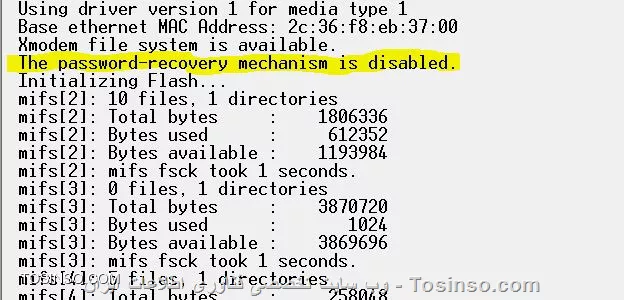 کابل کنسول بهش بزنید و دستگاه رو خاموش روشن کنید در حین boot شدن اگه عبارت PASSWORD RECOVERY FUNCTIONALITY IS DISABLED رو نشون داد یعنی این قابلیت فعاله
||https://network.tosinso.com/files/get/01a5e867-e2d4-4850-b6d5-52f3be17d126||
