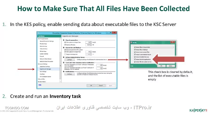 !! یافتن KL Category متعلق به یک فایل 
اگر شما به عنوان مدیر شبکه می خواهید دسته بندی را بر اساس KL برای فایل های اجرایی ایجاد کنید اگر هم بخواهید عیب یابی بر روی این دسته بندی KL داشته باشید می توانید از مسیر  Advanced > Application management < Executable files اقدام کنید . 

- اضافه کردن یک برنامه در دسته بندی 

برای اضافه کردن برنامه ها مراحل زیر را طی کنید :

||https://tosinso.com/files/get/365c215f-bca5-4e54-8019-5fb95e53464a||

||https://tosinso.com/files/get/1f73984a-261a-4f7f-b264-7d74bc05f477||

||https://tosinso.com/files/get/aca5ac11-f532-45a2-9a07-6a586a8c95c5||


دسته بندی در KSC در کنسول مدیریتی کسپرسکی سرور بر اساس رجیستری برنامه ها و فایل های اجرایی صورت می گیرد موقعی که نیاز است برنامه های خاصی را در لیست به صورت منطقی اضافه کنیم باز هم ممکن است دارای چند فایل اجرایی باشد ، در KES می توان یک تقسیم بندی ویژه ای را ایجاد کرد :

||https://tosinso.com/files/get/365c215f-bca5-4e54-8019-5fb95e53464a||

||https://tosinso.com/files/get/1f73984a-261a-4f7f-b264-7d74bc05f477||

||https://tosinso.com/files/get/aca5ac11-f532-45a2-9a07-6a586a8c95c5||

- جمع آوری برنامه های اجرایی روی یک کامپیوتر 

برای اینکه برنامه های اجرایی روی کامپیوتر کلاینت ها را بتوان دسته بندی کرد دو روش وجود دارد :

1- در Inventory task اطلاعات برنامه های اجرایی کلاینت ها اسکن می شود 

2- ابزار های Application Startup Control  و Application Privilege Control موقعی که فعال هستند می توانند اطلاعات فایل های اجرایی را از کلاینت ها دریافت کنند 

این اطلاعات را می توانید در پالیسی KES در بخش Reports and Storages / Inform Administration Server / Settings / About started application پیدا کنید . با فعال بودن چک باکس این گزینه اطلاعات برنامه های اجرا شده نتایجی را به Inventory Task ارجاع می دهند . 

توجه : اگر تعداد کامپیوتر ها زیاد است تسک Inventory را برای همه آنها اجرا نکنید چرا که بار ترافیکی شبکه شما بالا خواهد رفت 

||https://tosinso.com/files/get/57fe1c95-d1dc-4200-bcab-65bd40620ec7||

||https://tosinso.com/files/get/9cf2bfa7-dcbc-430f-a2f8-96a13e947a01||

||https://tosinso.com/files/get/01cb8529-d3a6-456b-9942-ba1cfa36a137||

- طریقه ساخت تسک Inventory 

قبلاً درباره این تسک در مباحث قبلی بحث شده اما چنانچه بخواهید این تسک را اجرا کنید مراحل زیر را طی کنید :

||https://tosinso.com/files/get/b2657064-cf68-4a71-8059-9ae5b1b985c7||

||https://tosinso.com/files/get/3a2129ec-6bec-4561-b41f-efebfb14bb51||

نویسنده : سید احمد توسلی
منبع : |جزیره امنیت اطلاعات و ارتباطات وب سایت توسینسو::https://tosinso.com/security|
هرگونه نشر و کپی برداری بدون ذکر منبع و نام نویسنده دارای اشکال اخلاقی است
