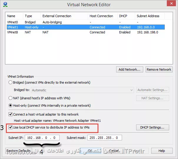 ابتدا از منوی Edit گزینه Virtual Network Editor را انتخاب کرده و سپس طبق عکس های زیر تنظمات خود را انجام دهید:

<center>
||http://network.tosinso.com/files/get/1e3f5705-7aeb-4dbb-a5be-06181c3cb09a||
||http://network.tosinso.com/files/get/01ebbe09-2edd-43cf-adf1-1d734271487b||
<center>