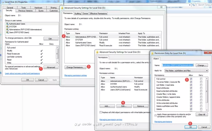میتونید یه سری یوزر تعریف کنید و بعد برید تو Computer Managment و  سپس User and group مثل تصویر زیر
||http://network.tosinso.com/files/get/53821990-2fc0-4059-b7d0-426cd5e30e58||
و اون یوزر ها رو Add کنید به عنوان Administrator حالا میتونید طبق تصویر زیر عمب کنید و Permission ها رو تغییر بدید براشون روی پارتیشن یا فولدر مورد نظر راست کلیک میکنید و Properties رو میزنید و ادامه داستان(مطابق تصویر های زیر)
||http://network.tosinso.com/files/get/86c78e2f-b55a-414c-8cf1-0f4adb112f37||
||http://network.tosinso.com/files/get/02214f7c-8722-45d0-b2c6-fc5fdce516c7||
