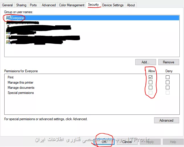 سطح دسترسی Security رو که گفتم انجام دادی؟
با اینکار به تمام یوزرها اجازه دسترسی هر تغییر روی پرینتر رو صادر میکنی ، ممکنه یه سری مشکلات ایجاد کنن در صورتی که آگاهی کافی نداشته باشند ولی هر اتفاقی بیوفته انگار ادمین پرینتر هستند و نباید مشکلی ایجاد کنه.
ضمن اینکه برو ||http://network.tosinso.com/files/get/01ba2c74-ab0d-4d55-a198-f1c01bec70c9||
بعد برو ..
||http://network.tosinso.com/files/get/f983b111-c45c-450c-8cef-053722953a03||
||http://network.tosinso.com/files/get/ba3d7bd4-3d74-4f96-8cef-da7d500fb2b0||

بعد از اینکه اینکارو انجام دادی تنظیمات رو ذخیره کن
حالا برو سراغ تنظیمات پرینتر :
روی پرینتر کلیک راست و گزینه Printer Properties رو انتخاب کن :
||http://network.tosinso.com/files/get/b54b1615-27f2-47ec-9a4c-79d4f57f6253||
بعد از این وارد Tab Security میشی و تنظیمات انجام میدی
||http://network.tosinso.com/files/get/029e5b56-b85c-434b-a921-9cd41751f40e||

اگر میتونی اسم کامپیوتر هایی که میخوای به این پرینتر متصل بشن رو اینجا اضافه کن و تمام دسترسی Allow کن براشون.

مشکلت باید رفع بشه