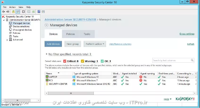 !! ایجاد گروهی جدید به نام های workstations, notebooks , servers 
در این بخش می خواهیم گروهی به نام Servers و Workstations را در زیر Managed devices ایجاد کنیم . سپس Desktops و Laptop را به عنوان زیرگروه Workstations اضافه کنیم ، از ماشین Security-Center مراحل زیر را انجام می دهیم :

1- اجرا کنید  Administration Console 

2- سوییچ کنید روی نود Managed devices 

3- روی تب Devices کلیک کنید 

||https://tosinso.com/files/get/02a1983d-710d-462d-a80c-69dcc474686f||

4- برای ساخت گروه ، کلیک کنید روی New Group 

||https://tosinso.com/files/get/02a1983d-710d-462d-a80c-69dcc474686f||

5- حالا تایپ کنید Servers و OK کنید 

||https://tosinso.com/files/get/795e9485-e7f6-404c-b529-671c769a74b6||

6- انتخاب Managed devices 

7- ساخت نود دیگری به نام Workstations 

||https://tosinso.com/files/get/94e0c97e-eee8-45c7-819c-aacbb3720151||

8- در گروه Workstations زیر مجموعه به نام Desktops و Laptops را ایجاد کنید 

||https://tosinso.com/files/get/ecbf11b8-006c-4d6b-acce-07cb679c7ba4||

نویسنده : سید احمد توسلی
منبع : |جزیره امنیت اطلاعات و ارتباطات وب سایت توسینسو::https://tosinso.com/security|
هرگونه نشر و کپی برداری بدون ذکر منبع و نام نویسنده دارای اشکال اخلاقی است
