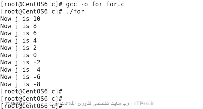 سلام و وقت بخیر. در این قسمت درمورد حلقه for صحبت خواهیم کرد. شرط یک حلقه for از سه بخش تشکیل میشود و در هر بار تکرار حلقه، کد های درون {} اجرا میشوند. هر بخش شرط با ; از هم جدا میشوند. در بخش اول شرط، شمارنده حلقه تعریف میشود. این شمارنده در بیرون حلقه تعریف میشود. در مثال زیر i = 0 شمارنده حلقه است و خود i در بیرون حلقه تعریف شده. i = 0 یعنی شمارنده از صفر شروع به شمارش میکند. بخش دوم شرط اتمام حلقه است. یعنی شمارنده حداکثر تا چه عددی بشمارد. مثلا i < 10 یعنی تا موقعی که شمارنده از 10 کوچکتر است حلقه تکرار شود. (به کوچکتر بودن یا کوچکتر مساوی بودن توجه کنید.) بخش آخر شرط هم، اندازه گام های شمارنده است. یعتی در هر بار تکرار حلقه، شمارنده چند تا زیاد یا کم شود. به کد نمونه زیر دقت کنید. یک فایل خالی با gedit یا vim درست کنید و کد زیر را وارد کنید.
<center>
||http://tosinso.com/files/get/f63ccbdb-d1df-48ba-b8e6-639757192db8||
<center>
<center>
||http://tosinso.com/files/get/91c0f312-b864-4f8d-ba65-5d334873ca5c||
<center>
در این مثال شمارنده حلقه از صفر شروع شده و تا موقعی که از 10 کوچکتر باشد، حلقه ادامه پیدا میکند. اندازه گام را 1 در نظر گرفتیم. میتوانستیم به جای i=i+1 از ++i به معنی اینکه i را یکی یکی زیاد کن هم استفاده کنیم. هر بار که شرط چک میشود و داخل حلقه میرود، مقدار متفاوتی برای i وجود دارد که هنگامی که با printf چاپ میشود این تغییر واضح است.
به یک مثال ساده دیگر توجه کنید.
<center>
||http://tosinso.com/files/get/f99e1189-b6dc-44ff-8011-b1427dfca50c||
<center>
<center>
||http://tosinso.com/files/get/02a32b70-063a-4557-b55a-29202986bc42||
<center>
در این مثال شمارنده j در هر بار تکرار حلقه، 2 واحد کم میشود و هنگامی که به 10- میرسد، حلقه متوقف میشود.
کم کم وقت آن است که مثال های پر ملات تری حل کنیم. مثال زیر پیاده سازی یک جدول ضرب است. در این مثال از 2 حلقه تو در تو استفاده شده. سعی کنید با دقت در کد، به الگوریتم ساده ولی پایه ای و مفهومی آن پی ببرید.
<center>
||http://tosinso.com/files/get/f6b131dd-5d02-4bf5-a693-5f44a59fc603||
<center>
<center>
||http://tosinso.com/files/get/32640339-ce01-43bc-96fb-d356cf2a4db5||
<center>
یک مثال ساده دیگر.
<center>
||http://tosinso.com/files/get/b449a29d-a0be-4469-ac58-63e5135d4b0e||
<center>
<center>
||http://tosinso.com/files/get/02807c9c-6a07-4547-af51-71e1e2432552||
<center>
حال سعی کنید شکل این مثلث را تغییر دهید. مثلا راس آن بالا سمت راست باشد. یا با همین ستاره ها یک لوزی چاپ گنید. (این مثال خیلی کلیشس!!! ترم یک ، مبانی کامپیوتر!!! )
در قسمت بعد در مورد حلقه while توضیح میدهیم. 
پایان قسمت هشتم.

نویسنده : سید محمد باقر موسوی
منبع : |جزیره برنامه نویسی وب سایت توسینسو::https://tosinso.com/programming|
هرگونه نشر و کپی برداری بدون ذکر منبع و نام نویسنده دارای اشکال اخلاقی است