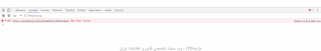 بازم خطا میده .
این خط رو اصلاح کردم
<c#>
 var uri = '/DrawChart/GetProduct';
<c#>
<c#>
<!DOCTYPE html>
<html xmlns=http://www.w3.org/1999/xhtml>
<head>
    <title>Product App</title>
    <script src=http://ajax.aspnetcdn.com/ajax/jQuery/jquery-2.0.3.min.js></script>
</head>
<body>

    <div>
        <h2>All Products</h2>
        <ul id=products />
    </div>
    <div>
        <h2>Search by ID</h2>
        <input type=text id=prodId size=5 />
        <input type=button value=Search onclick=find(); />
        <p id=product />
    </div>

   
    <script>
        var uri = '/DrawChart/GetProduct';

    $(document).ready(function () {
      // Send an AJAX request
      $.getJSON(uri)
          .done(function (data) {
            // On success, 'data' contains a list of products.
            $.each(data, function (key, item) {
              // Add a list item for the product.
              $('<li>', { text: formatItem(item) }).appendTo($('#products'));
            });
          });
    });

    function formatItem(item) {
      return item.Name + ': $' + item.Price;
    }

    function find() {
      var id = $('#prodId').val();
      $.getJSON(uri + '/' + id)
          .done(function (data) {
            $('#product').text(formatItem(data));
          })
          .fail(function (jqXHR, textStatus, err) {
            $('#product').text('Error: ' + err);
          });
    }
    </script>
</body>
</html>
<c#>
اینم عکس :
||http://network.tosinso.com/files/get/02a79af4-b2e6-425f-9fd2-8b23ac25c544||