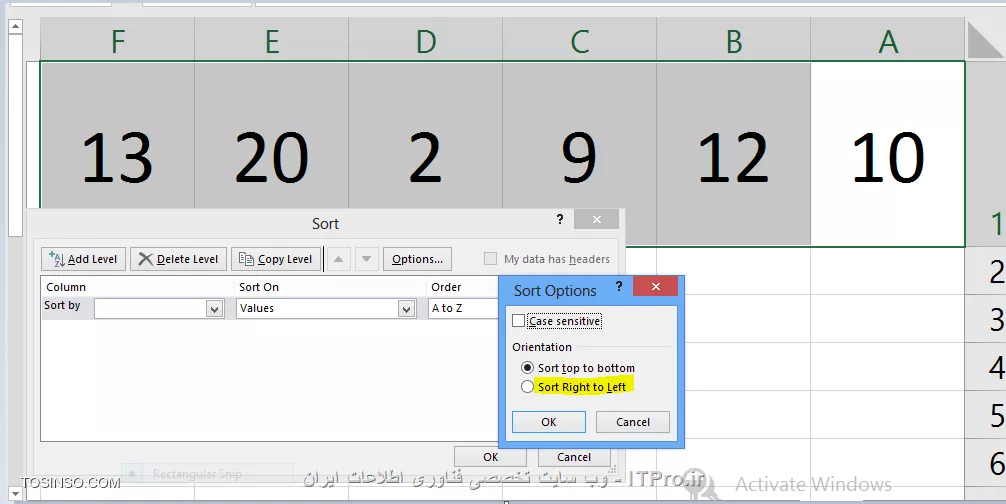 با سلام خدمت همه ITPRO های عزیز و دوستداشتنی ،یکی از مباحث بسیار کاربردی در مجموعه نرم افزار آفیس قابلیت مرتب سازی یا همان Sort می باشد. این قابلیت در نرم افزار اکسل بسیار پرکاربرد تر و برجسته تر می باشد چون معمولا بحث محاسبات در این نرم افزار صورت می گیرد این ویژگی کمک زیادی به کاربران آن در انجام راحت تر این محاسبات و  مرتب سازی آنها می کند. مثلا همین الان کاربران برتر در این وب سایت را در نظر بگیرید که به ترتیب از امتیاز بالا به پایین مرتب شده اند این یک نمونه مرتب سازی  نزولی می باشد.
ما در این مقاله به بررسی انواع مرتب سازی یا SORT می پردازیم.

*1- مرتب سازی ستونی (Columns)*
*2- مرتب سازی سطری (Rows)*
*3 - مرتب سازی صعودی (از A به Z) بر اساس محتویات سلول ها *
*4 -مرتب سازی نزولی (از Z به A) بر اساس محتویات سلول ها *
*5- مرتب سازی بر اساس یک یا چند ستون یا سطر *
*6 - مرتب سازی بر اساس لیست*
*7 - مرتب سازی بر اساس رنگ سلول ها *
*8 - مرتب سازی بر اساس رنگ فونت محتویات سلول ها*
*9 - مرتب سازی بر اساس آیکون های سلول ها* 

در ادامه به توضیح مصور تک تک انواع مرتب سازی ها می پردازیم .

*1- مرتب سازی ستونی (Columns)*
*2- مرتب سازی سطری (Rows)*
در تعریف مرتب سازی در اکسل اکثر کاربران فکر می کنند که اکسل فقط قادر به *مرتب سازی بصورت ستونی* می باشد و با انتخاب محدوده ستون های مورد نظر می توانند یکی از انواع مرتب سازی را پیاده سازی کنندکه این تصوری اشتباه است . اما در اینجا باید گفت که اکسل قابلیت *مرتب سازی بصورت سطری* را نیز دارد و شما قادر هستید محتویات سلول هایتان را به دو روش ستونی و سطری انجام دهید.
برای تغییر نوع مرتب سازی از ستونی به سطری و یا بالعکس با انتخاب چند سطر یا ستون ، از منوی Home بخش Editing و انتخاب کشوی باز شو گزینه Sort & Filter گزینه Custom sort را انتخاب می نماییم.

||http://tosinso.com/files/get/aef4c430-1c23-45c9-ab4d-ceeb7d11d996||

و از پنجره ظاهر شده گزینه Options را انتخاب می نماییم . پنجره کوچکی باز می شود که شامل دو گزینه مرتب سازی می باشد که بصورت پیشفرض روی حالت ستونی به نام  Sort Top To Bottom تنظیم شده است . چنانچه شما نیاز به مرتب سازی بصورت سطری دارید گزینه Sort Right To Left را انتخاب نمایید.

||http://tosinso.com/files/get/3b88b710-e31d-42ad-9e81-d707b8a4d7dc||

*3 - مرتب سازی صعودی (از A به Z) بر اساس محتویات سلول ها *
یکی از ساده ترین روش های مرتب سازی می باشد که با انتخاب یک ستون یا سطر  محتویات آن را از *کوچک به بزرگ* مرتب می کند که اصطلاحا به آن Ascending  و یا Lowest To Highest می گویند.

*نمونه مرتب سازی ستونی *
انتخاب ستون مورد نظر
||http://tosinso.com/files/get/adc2afb5-3ae6-4002-902b-3f6ab83425d3||
اعمال مرتب سازی صعودی بر روی ستون مورد نظر
||http://tosinso.com/files/get/90dfc43b-ee01-4676-af2b-b2ff99df24ec||

*نمونه مرتب سازی سطری *
انتخاب سطر مورد نظر
||http://tosinso.com/files/get/eeb92dc6-a95c-4086-88cd-eede05796ee2||

انجام تنظیمات مرتب سازی جهت سطرها
||http://tosinso.com/files/get/02bf1c7a-3b42-4d5d-b033-cf0a13849c1c||
||http://tosinso.com/files/get/cc1c1da7-e494-45db-a1e3-358a39cf1804||

اعمال مرتب سازی صعودی بر روی سطر مورد نظر
||http://tosinso.com/files/get/ae428173-83c2-499b-802d-5cd8421aa9d3||

*4 -مرتب سازی نزولی (از Z به A) بر اساس محتویات سلول ها *
یکی از ساده ترین روش های مرتب سازی می باشد که با انتخاب یک ستون یا سطر  محتویات آن را از *بزرگ به کوچک* مرتب می کند که اصطلاحا به آن descending  و یا Highest To Lowest می گویند.

*نمونه مرتب سازی ستونی *
انتخاب ستون مورد نظر
||http://tosinso.com/files/get/7995c07a-4460-408b-a644-94af880a6474||

انتخاب گزینه مرتب سازی نزولی
||http://tosinso.com/files/get/ccb34725-6111-4a64-a741-1780fe63a952||

اعمال مرتب سازی نزولی بر روی ستون مورد نظر
||http://tosinso.com/files/get/11e7af17-eccf-4c59-bf04-4731031c79f1||


*نمونه مرتب سازی سطری *
انتخاب سطر مورد نظر
||http://tosinso.com/files/get/8b63156a-0b2f-4ba4-9acc-952b33c0d332||

انجام تنظیمات مرتب سازی جهت سطرها
||http://tosinso.com/files/get/4db812c0-4dc5-447b-aaf2-340afece0d0f||

اعمال مرتب سازی نزولی  بر روی سطر مورد نظر
||http://tosinso.com/files/get/a5f86ac4-bb43-454f-8651-2b322d5f8c66||

خوب تا اینجا روش مرتب سازی صعودی و نزولی روی یک ستون و سطر را آموزش دادیم در بخش دوم این مقاله مرتب سازی های پیشرفته و متنوع تری را آموزش خواهیم داد پس با ما در بخش دوم این مقاله همراه باشید .


نویسنده : احمد نظری
منبع : |جزیره مبانی کامپیوتر و مهارت های هفتگانه وب سایت توسینسو::https://tosinso.com/icdl|
هرگونه نشر و کپی برداری بدون ذکر منبع و نام نویسنده دارای اشکال اخلاقی می باشد.  