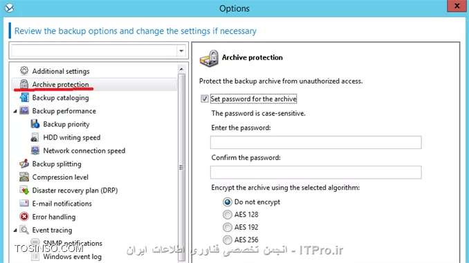 !! Backup Option 
--
در این جلسه قصد دارم تنظیمات مهم Backup Option را توضیح بدم.
هر Backup Plan تنظیمات Backup option خودش را دارد که می توان این تنظیمات را در هر Planی تعقیر داد. 
این تنظیمات بسته به پارامترهای زیر می تواند تعقیر پیدا کند:
* نوع سیستم عامل 
* نوع دیتای که قراره Backup بگیرید (Disk-File)
* محل ذخیره سازی اطلاعات. (Local Disk- Share Storage)
* نوع Backup Scheme
این تنظیمات را می توان در این قسمت به آن دسترسی داشته باشید:
||http://tosinso.com/files/get/4c11bd06-5a0c-45a5-853c-9666d7029eee||
الان یه نگاهی به این تنظیمات بندازیم 
||http://tosinso.com/files/get/b4379cdc-d99d-4fe0-ae4a-adbaa19ac31e||
این تنظیمات در صورتی اعمال می شوند که مقصد فایهای Backup گرفته شده در یک removable media باشد.
# وقتی این گذینه فعال باشد در هر Backup گیری کادری ظاهر می شود که کاربر باید Ok کند. اگر Backup Plan شما بصورت Schedule باشد این گذینه را فعال نکنید.
# با فعال کردن این گذینه عملیات Deduplication فقط در مقصد duplicate at target  اجرا خواهد شد. برای اطلاع بیشتر درباره Deduplication |اینجا ::https://tosinso.com/articles/39125/%da%a9%d8%a7%d9%85%d9%84%d8%aa%d8%b1%db%8c%d9%86-%d8%a2%d9%85%d9%88%d8%b2%d8%b4-%d8%a8%da%a9%d8%a7%d9%be-%da%af%db%8c%d8%b1%db%8c-%d8%a8%d8%a7-%d8%a7%da%a9%d8%b1%d9%88%d9%86%db%8c%d8%b3-(Acronis-Backup)|کلیک کنید.
||http://tosinso.com/files/get/02c621e7-f798-462c-96d6-dec463d6c57e||
در این قسمت می توانید اطلاعات Backup گرفته شده (فایل های Backup گیری) را رمزگذاری کنید یا یک پسورد بر روی آنها ست کنید.
نکته: اگر بعد از ایجاد Backup Plan این Plan اجرا شود. دیگر تنظیمات بالا اعمال نمی شود.
||http://tosinso.com/files/get/59060c52-bddc-439c-a688-1b1ac5a45fc9||
Backup Cataloging یک فهرست از اطلاعات Backup گرفته شده ایجاد میکند تا به آسانی بتوانید Object مورد نظر را پیدا و Recovery کنید.
شما به دو شکل می توانید این قابلیت را تنظیم کنید:
گذینه 1 بصورت پیش فرض فعال است. وقتی این گذینه فعال باشد از حداکثر این قابلیت میتوانید استفاده کنید و جزئیات دقیق تری می توانید داشته باشید. وقتی این گذینه را انتخاب کنید اطلاعات زیر Catalog می شود:
||http://tosinso.com/files/get/ab87d8a8-ad56-4f11-b0ef-386b9c10868d||
گذینه 2 را وقتی فعال می کنیم که سرعت Backup گیری برای سازمان ما مطرح باشد. این گذینه اطلاعات زیر را Catalog می کند.
||http://tosinso.com/files/get/b48ee27e-099f-43b8-afc2-23961932a82f||
نکته: این تنظیمات برای VM ها بصورت Fast Cataloging ست شده است.
||http://tosinso.com/files/get/f860bcd0-2412-4456-a018-2a4998def467||
در این قسمت می توانید مشخص کنید این Backup Plan چه مقدار از منابع سخت افزاری استفاده کند؟؟ که بنا به خواسته شما یا سازمان می توانید این قسمت را تعیین کنید.
||http://tosinso.com/files/get/5e534449-7cee-4368-a4c6-9ed15218f3fb||
وقتی مقصد ذخیره سازی فایلهای Backup  گیری بر روی هارد درایو خود Managed Machine  ست شده باشد (Acronis Secure Zone) این تنظمات اعمال می شود. شما در اینجا می توانید سرعت نوشتن اطلاعات بر روی H.D.D را تنظیم کنید.
||http://tosinso.com/files/get/7c47617f-e669-4a01-89b7-d4dfb01dda4d||
وقتی مقصد ذخیره سازی اطلاعات بر روی شبکه باشد می توانید در این قسمت مقدار استفاده از پهنای باند شبکه را تنظیم کنید.
||http://tosinso.com/files/get/525bb838-d2c0-4b2d-bf09-42769b7b4c4d||
در این قسمت می توانید تعریف کنید که پروسه Backup گیری فایلهای Backup گرفته شده را به چه اندازه ای تقسم کند که دو گذینه داریم:
گذینه اول که بصورت پیش فرض انتخاب شده. وقتی این گذینه انتخاب شده باشد و اطلاعات بر روی درایوهای NTFS ذخیره شود و فضای کافی موجود باشد کل اطلاعات در یک فایل ذخیره می شود.ولی اگر اطلاعات بر روی Fat16 or Fat 32 ذخیره شود فایلهای Backup به قسمت های کمتر از  4G شکسته می شود. همچنان اگر اطلاعات بر روی FTP سرور ذخیره شود فایلهای Backup گیری کمتر از 2G تقسیم می شود. و اگر اطلاعات بر روی SFTP ذخیره شود کل اطلاعات Backup گرفته شده در یک فایل ذخیره می شود و اگر فضای کافی بر روی SFTP وجود نداشته باشد پروسه بکاپ Fail می شود.
گذینه دوم بر اساس مقدار حجمی که در این قسمت وارد می کنید فایلها شکسته می شود. 
||http://tosinso.com/files/get/86be3722-d37c-4d9d-9c36-202cbca69706||
سطح فشرده سازی فایلها بکاپ را می توانید از این قسمت مشخص کنید.
||http://tosinso.com/files/get/dce915fb-73fd-48ae-b43b-1f751f1321c7||
در این قسمت شما می توانید تعیین کنید که وقتی Error ی در حین اجرای Backup اتفاق افتد Acronis چه عکس العملی از خود نشون دهد.
# اگر این گذینه فعال باشد و مشکلی پیش آید که Acronis بتواند آن را هندل کند آن را نشان نمی دهد و پروسه Backup به کار خود ادامه می دهد. ولی اگر اخطاری باشد که باید ادمین آن را برطرف کند (مثلا فضای ذخیره سازی کم) پروسه متوقف می شود و منتظر عالیجناب ادمین می شود.
# این گذینه می تونه خیلی مفید باشه. مثلا فرض کنید پروسه بکاپ به دلایلی متوقف شد اگر این گذینه فعال باشد می توانید تنظیم کنید بعد از چند ثانیه پروسه Backup را تکرار کند اگر دوباره متوقف شد بعد از سپری شدن N ثانیه دوباره پروسه را از سر بگیرد... تا پروسه با موفقیت انجام شود.
# اگر در حین بکاپ هارد دیسک دارای Bad Sectorی باشد و این گذینه فعال باشد. Bad Sector نادیده گرفته می شود.
||http://tosinso.com/files/get/13fe8d69-a340-475e-bac1-5222cdcb9bc4||
در این قسمت می توانید تعیین کنید وقتی خطا و هشداری بر روی Managed Machine رخ دهد این رویدادها کجا ذخیره شود؟
که من تعیین کردم در Event Viewer در قسمت Application log ذخیره شود.
||http://tosinso.com/files/get/002fd6b0-e2f0-4ab8-a0bb-51feeb6dff05||
وقتی گذینه بالا فعال باشد Acronis برای فهمیدن تعقیرات در Fileها از سایز فایل و زمان/تاریخ آن استفاده می کند. اگر گذینه بالا را غیرفعال کنید Acronis یک فایل را در کل Storage  مقایسه می کند و اگر تفاوتی پیدا کرد از این فایل Backup می گیرد. این گذینه بصورت پیش فرض فعال است.
||http://tosinso.com/files/get/7a002afb-acba-4979-b604-d40d90b6247d||
این تنظیمات فقط برای سیستم عاملهای Linux و بر روی Disk-Level و File-Level قابل اعمال است.
این تنظیمات چگونگی گرفتن یک Snapshot از Logical Volume Manager را مشخص می کند. در این قسمت دو گذینه داریم که بصورت پیش فرض بر روی Acronis Backup ست شده .
وقتی گذینه Acronis Backup انتخاب شده باشد عملیات Snapshot بر عهده Acronis می باشد و او تمام تنظیمات لازم را انجام می دهد. 
ولی اگر گذینه Logical volume manager را انتخاب کنید عملیات گرفتن Snapshot بر عهده LVM می باشد.

*نحوه گرفتن Snapshot از LVMها:*
اگر در حین پروسه Snapshot فایلهای Backup گرفته شده تعقیر پیدا کنند و اگر این تعقیرات زیاد باشند این تعقیرات بصورت زیر ذخیره خواهند شد:
Acronis Backup: بیشتر اطلاعات در RAM ذخیره می شود و اگر حجم اطلاعات زیاد باشد آنها را در یک فایل موقت /tmp ذخیره می کند تا بعد آنها را در فایل Backup ذخیره کند.
Logical volume manager: اگر گرفتن Snapshot بر عهده LVM باشد LVM قبل از Snapshot یک Volume با نام Snapshot Logical Volume ایجاد می کند و اطلاعات تعقیر داده شده را در آن Volume ذخیره می کند. و بعد از Snapshot آن Volume را پاک می کند.
نکته: اگر فضای خالی بر روی Volume LVM نباشد Snapshot بصورت Acronis Backup گرفته می شود چون این روش نیازی به ایجاد Volume ندارد.
||http://tosinso.com/files/get/5f0d828d-293a-4412-a46d-938ccbd16209||
وقتی مقصد ذخیره اطلاعات بر روی DVD, CD و Storage های قابل حمل باشد می توانید از این تنظیمات استفاده کنید.
در این قسمت می توانید علاوه بر فایلهای Backup آز آن Storage یک Bootable Media ایجاد کنیدو به راحتی Client/Server را ریکاوری کنید. برای اطلاع بیشتر درباره Componentsها لینک زیر را بخوانید:
|ریکاوری کردن کل سیستم بر روی یک هارد دیسک جدید بوسیله Acronis True Image 2016::https://tosinso.com/articles/41964/%d8%a2%d9%85%d9%88%d8%b2%d8%b4-%d8%b1%db%8c%da%a9%d8%a7%d9%88%d8%b1%db%8c-%d8%a7%db%8c%d9%85%db%8c%d8%ac-%da%a9%d9%84-%d8%b3%db%8c%d8%b3%d8%aa%d9%85-%d8%b1%d9%88%db%8c-%d9%87%d8%a7%d8%b1%d8%af-%d8%ac%d8%af%db%8c%d8%af-%d8%a8%d8%a7-%d8%a7%da%a9%d8%b1%d9%88%d9%86%db%8c%d8%b3|
||http://tosinso.com/files/get/3e37ffe0-4e76-498a-8642-8eb4577c3105||
این قسمت فقط برای سیستم عاملهای ویندوزی و File-Level کاربرد دارد. 
آیا با Mount Point در Windows آشنائی دارید؟ 
||http://tosinso.com/files/get/446f0b89-b18a-416c-9b35-36abef551952||
چیز اسونیه ولی اسمش گندس :D
فرض کنید فولدر G:\Data1 را به عنوان Mount Point ایجاد کرده اید و این MP دارای دو فولدر x1 and x2 می باشد. 
اگر حین Backupگیری از درایو G گذینه Backup mount points ' target را فعال کنید فولدرهای x1 and x2 شامل پروسه Backup می شوند و اگر این گذینه فعال نباشد از محتویات MP بکاپ گرفته نمی شود.
اگر بصورت نورمال پوشه های Data و X1 and X2 برای Backup انتخاب کنید نیازی به فعال یا غیرفعال کردن گذینه بالا ندارید.
||http://tosinso.com/files/get/b6055154-7a69-4f6b-8583-a1cfad26cf69||
فقط برای پلتفرمهای ویندوزی و File-Level کاربرد دارد. 
# اگر این گذینه فعال باشد از NTFS Permission فایلها هم Backup گرفته می شود. اگر غیرفعال باشد هنگام ریستور فایلها Permissionها را از فولدر بالا دستی به ارث می برد.
# اگر این گذینه فعال باشد و از فایلهای که رمزگذاری شده باشد Backup بگیرید هنگام ذخیره این Backup در Storage اکرونیس این فایلها را رمزگشای می کند و در نتیجه بعد از ریستور همه کاربران می توانند به این فایلها دسترسی داشته باشند.
||http://tosinso.com/files/get/7ff7136e-c093-4fe3-bfcf-bee90f9bb7e9||
  فقط برای پلتفرمهای Windows کاربرد دارد.
اگر این قسمت را فعال کنید از تمام Volume در آن واحد یک Snapshot تهیه می کند وگرنه یکی پس از دیگری از آنها Snapshot تهیه می کند.
||http://tosinso.com/files/get/091dd484-4085-486d-84bc-de8268a0877b||
این قابلیت فقط برای بکاپهای Disk-Level کاربرد دارد.
اگر این قسمت را فعال کنید از سکتور، سکتور هارد دیسک Backup می گیرد. و برای جاهائی که Acronis فایل سیستم دیسکی را پشتیبانی نمی کند کاربرد دارد.
||http://tosinso.com/files/get/e06c4455-fbc0-47e9-93a4-dc76523e40f4||
این قسمت فقط برای پلتفرمهای Windowsی کاربرد دارد.
شما در اینجا می توانید VSS را تنظیم کنید ولی قبل از اینکار یه توضیح کوتاه درباره VSS Write بدم که دید بهتری نسبت به این تنظیمات داشته باشیم
VSS Writer سرویسی در Volume Shadow Copy Service می باشد که به Application های Backup گیری می فهماند چگونه از یک برنامه و داده های آن Backup بگیرد. مثلا Exchange از Microsoft Volume Shadow Copy Service برای اینکار استفاده می کند یا بعضی از برنامه ها VSS خاص خودشون را دارند. یا بعضی از دیوایسهای ذخیره سازی برای گرفتن Snapshot از یک برنامه، از Hardware VSS خود استفاده می کنند مثل سناریوهای Off-Host.
خب شما در این قسمت می توانید تنظیم کنید از VSS استفاده شود یا نه؟ یا اگر از VSS استفاده شود چه نوع VSS استفاده کند؟
||http://tosinso.com/files/get/4177596c-87dd-4b03-bbe6-928c1ce27cd2||
# Acronis اول چک می کند برنامه مورد نظر از Hardware VSS استفاده می کند یا نه؟ اگر نه از Software-based provider استفاد می کند و در آخر چک می کند ازکدام VSS استفاده کند؟ Acronis VSS یا Microsoft VSS.
# اگر این گذینه انتخاب شود Acronis از VSS خود برنامه استفاده می کند اگر VSS برنامه مورد نظر تشخیص داده نشد Acronis ازAcronis VSS or Microsoft VSS استفاده می کند.
# از VSS اکرونیس استفاده می کند.
# از Microsoft VSS استفاده می کند. اگر قصد تهیه Backup از AD, Exchange, SQL, SharePoint را دارید از این گذینه استفاده کنید.
# با انتخاب این گذینه Acronis فقط از VSS برنامه مورد نظر استفاده می کند.
# از Hardware VSS استفاده می کند.
در آخر گذینه Enabling VSS Full backup را درصورتی انتخاب کنید که قصد تهیه Backup بصورت Disk-Level از Exchange را داشته باشید. اگر این گذینه فعال باشد بعد از تهیه بکاپ اکرونیس Log file ها را Truncated می کند (حذف می کند)
نکته: اگر Acronis Backup agent for Exchange یا برنامه دیگری از اطلاعات Exchange بکاپ تهیه می کند این گذینه را فعال نکنید.

موفق و پیروز باشید. 

نویسنده: احمد جهلولی 
منبع: |جزیره راهکارهای ذخیره سازی اطلاعات وب سایت توسینسو ::https://tosinso.com/virtualization|
نشر و کپی برداری، صرفاً با ذکر نام نویسنده و منبع مجاز می باشد. 
