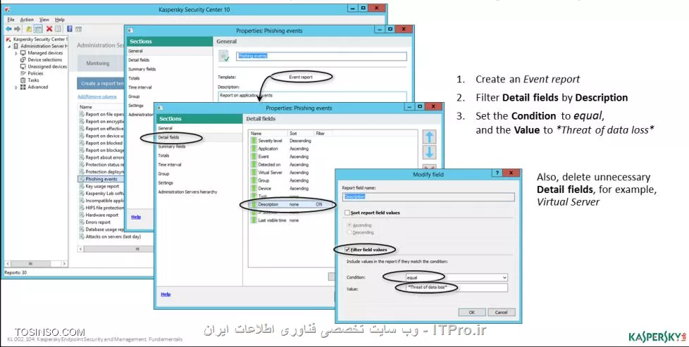 !! حفظ امنیت در کسپرسکی سرور 10
در این بخش به پارامتر های حفظ امنیت و یکپارچگی حریم امنیتی کسپرسکی سرور 10 بحث خواهیم کرد :

- به صورت روزانه ( محدود سازی تهدیدات ، اطمینان از کار کردن حفاظ های امنیتی برای کلاینت ها ) 

- روزانه / هفتگی ( اطمینان از بروزبودن کلاینت ها ، اتصال داشتن به KSN )

- ماهیانه ( بهینه سازی دیتا بیس کسپرسکی سرور ، بک آپ گیری و اطمینان از کار کردن بک آپ خودکار کسپرسکی سرور )

- سه ماهه ( چک کردن بروزرسانی برنامه ها و نصب آنها )

- سالیانه ( بروز کردن لایسنس ، نصب سرویس پک )

- هر 2-3 سال ( نصب نسخه جدید )

||https://tosinso.com/files/get/a00ea24c-dea7-412c-98da-600801a14a99||

- ارسال گزارشات به ایمیل 

در کسپرسکی سرور می توان تنظیمات ارسال گزارشات به ایمیل مدیر شبکه را انجام داد ، برای تنظیم :

1- روی تب Report در بخش Administration Server و بر روی دکمه Configure report delivery کلیک کنید 

2- برای ساخت Task وارد بخش Task ها شده و گزینه Create Task را بزنید و نام این تسک را Report type بگذارید 

3- حالا می توانید پارامتر های تسک و فرمت آن را انتخاب کنید ( Html - xml - pdf ) 

4- می توانید بر روی Schedule تسک ( در پراپرتیس هر تسک ) رفته و زمان ارسال گزارشات که پیش فرض روی ساعت 8 صبح تنظیم شده را تنظیم کنید 

||https://tosinso.com/files/get/4d3ca61b-8677-4667-88bb-c32b7529b923||

- سفارشی سازی گزارشات 

شکل زیر نمایی از ساخت یک گزارش یک روزه را نشان می دهد :

||https://tosinso.com/files/get/911f278b-f1e7-4339-b62b-dab367ff8455||

- گزارش گیری های فیشینگ 

مراحل ایجاد گزارش فیشینگ را می توانید در شکل زیر ببینید :

||https://tosinso.com/files/get/0302f9da-cf70-475e-bef6-9b77357a67c6||

- ارسال گزارشات به ایمیل که در کنسول مدیریتی مشاهده نمی شوند 

شکل زیر مراحل ایجاد گزارشی که در کنسول مدیریتی دیده نمی شود را نشان می دهد :

||https://tosinso.com/files/get/6506dbf1-49c8-4eea-8d98-91cfaa178f7a||

- تغییر آدرس ایمیل 

مراحل تغییر آدرس ایمیل سرور مدیر شبکه برای دریافت گزارشات به صورت زیر است :

||https://tosinso.com/files/get/a68cb4a5-e5d2-46d3-9345-2040d3f274e5||

نویسنده : سید احمد توسلی
منبع : |جزیره امنیت اطلاعات و ارتباطات وب سایت توسینسو::https://tosinso.com/security|
هرگونه نشر و کپی برداری بدون ذکر منبع و نام نویسنده دارای اشکال اخلاقی است

