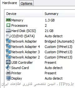خوب دوست عزیز ، آیا شما در تنظیمات کارت های شبکه VMWARE ، تعداد کارت های شبکه ای که ساخته اید بیشتر از یک مورد هست ؟
شما باید در VMWare تعداد کارت های شبکه را به طور مثال 4 انتخاب کنید تا در میکروتیک نیز 4 اینترفیس داشته باشید.
<center>
||http://network.tosinso.com/files/get/0368c1f5-e72d-469f-85e2-92c23da73cf0||
<center>