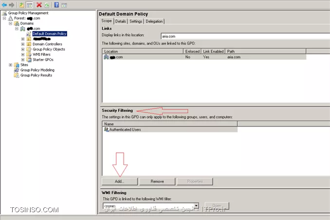 دوست عزیز در run تایپ کنید gpmc.msc
||http://network.tosinso.com/files/get/f9082643-68d0-4860-afdc-bf1df688fc85||
سپس پالیسی مورد نظر انتخاب بکنید در ستون سمت راست از قسمت security filtring گزینه Add را انتخاب بکنید
||http://network.tosinso.com/files/get/03a7efff-81b5-4bda-841d-106ebfe6e5c8||
بعد در پنجره باز شده قسمت location انتخاب بکنید و از پنجره دوم لیست را باز کرده و دامین مورد نظر که میخواهید این پالیسی بر روی آن اعمال شود انتخاب بکنید
||http://network.tosinso.com/files/get/c7beda0e-df42-46a5-aa09-5171731b9a97||
سپس در قسمت سوم نام user یا group و یا computer  مورد نظر وارد بکنید
امیدوارم بتونید مشکلتون حل بکنید من در خدمتم