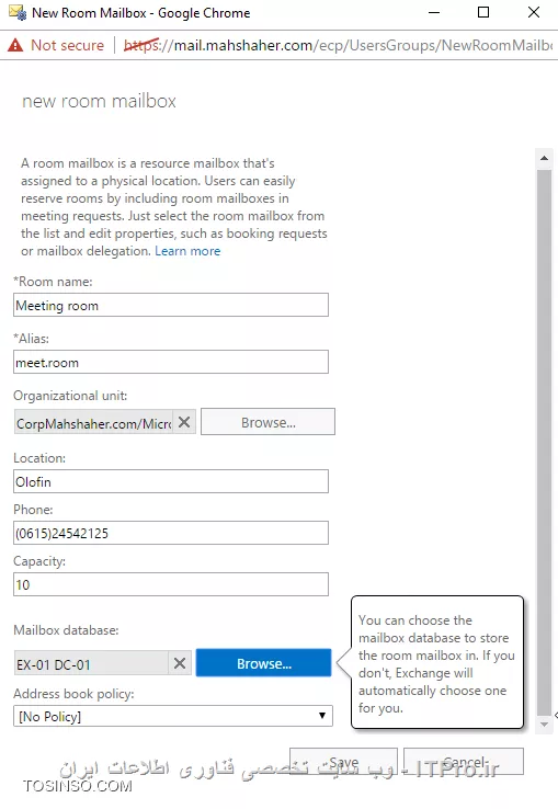 یکی از قابلیت جالب Exchange 2010 به بعد اضافه کردن resource های سازمان به عنوان یک Mailbox و رزرو کردن انها می باشد. فرض کنید چندین سالن و لابی در سازمان وجود دارد که برای جلسات مسئولین برای نون بری چند بدبخت فلک زده (که غیر از خدا کسی را ندارند) ایجاده شده است. در شرایط معمول رزرو کردن چنین جاهای با منشی یا کشیک مربوطه می باشد ولی شما با نصب Exchange در سازمان می توانید تمام جلسات و قرار ملاقاتها را بصورت اتوماتیک و شیک توسط Exchange و Outlook on the web and Microsoft outlook ایجاد و مدیریت کنید.یکی از Recipient های اکسچنج با نام Room mailbox وجود دارد که با استفاده از آن می توان سالن ها و اتاقهای جلسات را به این Recipient اختصاص داد و آن را برای جلسات نون بری :) رزرو کرد.برای ایجاد چنین قابلیتی اولین قدم ایجاد یک room mailbox می باشد. 
||http://tosinso.com/files/get/bfead578-da2f-482d-b329-6ef6f77ab843||
||http://tosinso.com/files/get/03c15c4d-ba4f-4c1d-b4fd-8538d2c15198||
می توانید اطلاعات تکمیلی و ظرفیت این اتاق و بقیه پارامترها را مشخص کنید.
نکته: Room mailbox مانند بقیه Recipientهای می باشد و یک User در ADایجاد می کند با این تفاوت که User ایجاد شده بصورت Disabled می باشد.
بعد از ایجاد شدن می توانید تنظیمات را آن ویرایش کنید:
||http://tosinso.com/files/get/be7e9498-9ecf-4b36-9478-c3a821335bce||
در قسمت بالا می توانید تعین کنید خود room mailbox درخواست متینگ ها را کنترول کند یا این وظیفه را به شخص دیگری واگذر کند.
||http://tosinso.com/files/get/3663ef31-8e33-440d-b636-be56167faf85||
در این قسمت تنظیماتی چون مدت زمانی که می توان یک سالن را رزرو  کرد و ایا این قرار ملاقات در ساعات اداری برگذار شود یا خیر... وجود دارد.
||http://tosinso.com/files/get/f91f8021-4090-4ecd-b0a5-3f42719c510f||
در این قسمت می توان یک SMTP Domain برای این نوع میل باکس درنظر گرفت. الان فرض کنید مدیر IT یک سازمان می خواهد یک جلسه با مدیریت و بخش های دیگری برگذار کند می تواند به راحتی در نرم افزار Outlook یا اینترفیس های دیگر در قسمت calendar یک new appointment ایجاد کند:
||http://tosinso.com/files/get/74664cd5-d915-42c1-83b8-6de86f6f4ffd||
||http://tosinso.com/files/get/733e6482-f232-4e08-bf8d-d0358a07e9fe||
بعد از مشخص کردن موضوع دعوت نامه گذینه مشخص را کلیک کنید:
||http://tosinso.com/files/get/e60cea23-98b7-4498-9bee-3924d1b045bb||
گروهی که میخواهیم این دعوت نامه را دریافت کنند را مشخص می کنیم و دکمه Rooms را کلیک تا سالن ملاقات را برای تاریخ مشخص رزرو کنیم
||http://tosinso.com/files/get/9a739cb0-6abb-4a9f-9e6c-41a0abb3e4a4||
بعد از اتمام دکمه Send را کلیک کنید تا دعوت نامه ارسال شود.اگر شما کنترول رزرو کردن این room را به کس دیگه ای واگذار کرده ید باید آن شخص این درخواست را تائید کند:
||http://tosinso.com/files/get/311be716-4f5d-4eed-b434-d5b58d6f9266||
بعد از تائید شدن درخواست مدیرانی که این درخواست برای آنها فرستاده شده باید این قرار ملاقات را تائید کنند.
||http://tosinso.com/files/get/11f95362-5212-4c8b-b962-af9f892338f7||
با تائید این درخواست یک notification  در Calendar کاربر ایجاد خواهد شد. 
||http://tosinso.com/files/get/2a3796b2-742e-4074-9671-274e9be23cfa||
در اینجا تنظیمات ما تمام شده است ولی یک مرحله دیگر باقی مانده است و آن هم فرهنگ سازی استفاده از این قابلیت هستش....... خدا می دونه چقدر طول میکشه. در آخر توصیه می کنم حتما فصل 16 کتاب Mastering Microsoft exchange server 2016 را برای اطلاعات بیشتر مطالعه کنید. 

نویسنده : احمد جهلولی
منبع : |جزیره سرویس های شبکه مایکروسافت وب سایت توسینسو::https://tosinso.com/microsoft|
هرگونه نشر و کپی برداری بدون ذکر منبع و نام نویسنده دارای اشکال اخلاقی می باشد 