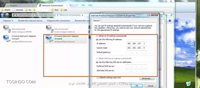 مچکر از پاسخت آقای شمس.
اما من یه سری دستکاری ها انجام دادم و به نتیجه ای نرسیدم الان مشکل شد دوتا:
1.توی تنظیمات کارت شبکه vm مربوط به ویندوز xp نمی تونم Connected رو فعال کنم وقتی فعال میکنم این ارور رو میده:

||http://network.tosinso.com/files/get/39ac687c-6b81-42bb-8e22-76ea42999c32||

البته ناگفته نمونه وقتی که ویندوز xp رو ستارت میکنم همون اول باز همین پیغام ارور رو نشون میده ینی این:

||http://network.tosinso.com/files/get/dd92b432-149d-4dec-867f-81f86820417e||

توی adapter setting مربوط به network center هم دوتا network connection مربوط به vm دارم که تنظیماتشون طبق عکسهای زیر هستش:

||http://network.tosinso.com/files/get/c7ae68a6-2179-48cc-8ed2-702722a4d74e||

||http://network.tosinso.com/files/get/043e5eba-dc42-44fa-b749-9fee234a0912||

در حالی که رنج IP مودم و سیستم خودم  اینه: 192.168.1.x