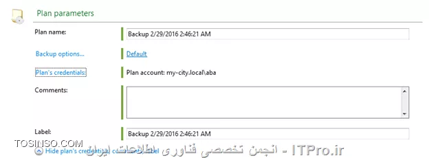 --
! Creating a backup plan
--
بعد از ایجاد مراحل مقدماتی که در آموزشهای قبلی توضیح داده شد نوبت به شروع Backup گیری از Client/Server میرسد.قبل از اینکه شما Backup گیری را شروع کنید باید چند پارامتر را قبل از Backup مشخص کنید. مانند:
*از چه چیزهای Backup بگیرم؟*
شما باید مشخص کنید از چه چیزی می خواهید Backup بگیرید؟ VMها،  Physical Machineها،  سرورها یا کلاینتها؟ از کدام قسمت آنها Backup تهیه کنم؟
*با چه credentials های از ریسورسهای بالا Backup تهیه کنم؟*
شما باید یک User مشخص کنید که مجوز لازم برای Backup از منابع حساس را داشته باشد. علت Fail شدن بیشتر Backup jobها این مورد می باشد.
*بحث Exclusions *
شما باید تصمیم بگیرید چه ایتمهای نباید از آنها Backup گرفته شود؟ (این Option اختیاریه)
*Backupها را کجا ذخیره کنم؟*
یکی از مهمترین پارامترهای که باید در نظر گرفته شود. اهمیت این مورد بیشتر از موارد قبلی می باشد، خیلی از Admin ها در مواقع اضطراری دلشونو خوش این Backup هستش و اگر اسورج این Backup ها بصورت ناپایداری باشد شما در مواقع اضطراری باید دنبال یک معرف قوی باشید که با مدیر عامل آن شرکت یا سازمان حرف بزند که اگر از بخش اینورماتیک اخراج شدید در قسمت های دیگر شما را جذب کنند D:
*Credentials for storage access*
اگر Backupهای شما در Storage node, FTP, SFTP and etc… ذخیر می شود باید یک User در Backup plan معرفی کنید که مجوز دسترسی به آن استورج ها را داشته باشد.
*Backup scheme*
در این پارامتر باید مشخص کنید در چه زمانهای میخواهید از ریسورسها Backup تهیه کنید؟؟؟ تا چه زمانی Backup در Storage باقی بمانند؟؟؟ یا تنظیمات،  کپی کردن یک نسخه از Backupهای گرفته شده در جائی دیگر، و بقیه تنظیمات دیگر
--
قبل از اینکه شما بتوانید از ریسورسهای شبکه Backupی تهیه کنید باید یک برنامه Plan برای Client/Server های خود در Management Server خود ایجاد کنید.
Acronis توصیه می کنه برای هر دسته از کامپیوترها (این دسته می تونه شامل چند صدتا Server باشه یا یک سرور باشه) مثلا: سرورهای FTP یک Plan و سرورهای DC یک Plan وغیره.
این دسته ها را می توانید با ایجاد گروه در Management Server ایجاد کنید و Serverهای مشابه را عضو این گروه ها کنید. و Plan مناسب هر گروه را فقط به آن گروه ربط دهید.
برای ایجاد Plan :
||http://tosinso.com/files/get/27369028-2ca4-4f3b-94d5-cd888f8f9cc7||
گذینه مشخص را کلیک کنید:
||http://tosinso.com/files/get/475c99e8-b327-4bc2-97c2-0ba74ea4726c||
این قسمتها خیلی مهمه همه را یک به یک مرور می کنیم.
! قسمت 1:
--
قسمت اول باید مشخص کنیم از چه چیزهای قصد داریم Backup تهیه کنیم، که برای اینکار لینک Required را کلیک می کنیم:
||http://tosinso.com/files/get/18a0e8ef-ab93-4120-930a-a7b8a5d2d1dc||
در قسمت های بالا که مشخص کردم میتوانید تعین کنید از چه چیزهای قصد Backup گرفتن دارید Disk, Volumes, Files end etc… در قسمت سمت راست هم می توانید تعین کنید که قصد انتخاب ایتمها بصورت مستقیم دارید یا از طریق تعریف Policy؟؟ Policy در این قسمت بدین شکل است که می توانید از ماشینهای انتخابی Profile آنها یا پوشه %windir%..., و  یا دیسکت های Dynamic or fixed و غیره را مشخص کنید. به عکس زیر توجه کنید:
||http://tosinso.com/files/get/1f703a16-b137-4f0b-8a0e-332d3924375c||
 که من قصد انتخاب ایتمها بصورت مستقیم را دارم:
||http://tosinso.com/files/get/790f1c1a-a15e-4a2c-9fc7-765327b6b527||
! قسمت 2:
--
||http://tosinso.com/files/get/98730cd2-9c69-4955-95b7-b533e1bfd9c3||
بعد از انتخاب کردن ایتم های مورد نیاز برای Backup گیری باید مشخص کنید این Backup را کجا ذخیره کنید؟؟ لینک Required را کلیک کنید
||http://tosinso.com/files/get/779440d1-6f9b-4e06-92cc-7fdabbe44b00||
# همه Backup ها (Archive) در یک نقطه مرکزی ذخیره می کند.
# Backup ها را در پوشه ی که مشخص می کنیم بر روی همان ماشین ذخیره می شود.
# Backupها بر روی Acronis Secure Zone که بر روی خود ماشین ساخته شده ذخیره می شود.
که در بالا من گذینه اول را انتخاب و Backupها را بر روی Acronis Storage Node ذخیره می کنم. که بعد از Ok کردن باید Userی که عضو گروه Local Administrators بر روی BSN می باشد وارد کنید.
! قسمت 3:
--
||http://tosinso.com/files/get/57dc483c-5f83-4f6f-b54e-ce749338d796||
بعد از مشخص کردن جائی برای ذخیره کرده اطلاعات Backup باید مشخص کنیم این Backup Plan چگونه از Resource ها Backup بگیرد.
# این قسمت را بعدا مفصل توضیح میدم.
# زمان بندی کردن دفعات Backup گیری می باشد.
# تنظیم کردن قابلیت Cleanup. این قابلیت در فواصلی که ما در اینجا مشخص می کنیم Backup ها را پاک می کند. برای بهینه سازی در مصرف فضای ذخیره سازی این کار انجام میشه.
# با تنظیم کردن این قابلیت می توانیم از Backup گرفته شده یک نسخه دیگر تهیه کنیم و آن را در جائی دیگر ذخیره کنیم. در سازمانهای خیلی بزرک Backupها هیچ وقت پاک نمی شود بلکه در جائی به نام off-site بر روی Tape library ذخیره می شود. شما می توانید off-site خود را در قسمت شماره 8 تنظیم کنید.
# نوع Backup را مشخص می کنیم.Full or incremental.
# Validate یا اعتبارسنجی کردن Backupهای گرفته شده در این قسمت تنظیم میشه. که این پروسه بر روی اخرین Full Backup گرفته شده تنظیم شده. 
! قسمت 4: 
--
||http://tosinso.com/files/get/0446f4d3-6d02-4251-b4da-bd0ec0d95d74||
در این قسمت می توانیم اسمی برای این Backup Plan همراه توضیحاتی بنویسیم.
قسمت Backup Option را در جلسه بعدی توضیح میدم.
شما بوسیله Plan’s Credentials می توانید برای اجرای این Backup plan یک User-Pass درست کنید که با مجوز این User-pass اجرا شود. بصورت پیش فرض قرار دهید.
بعد از تنظیم کل پارمتراها Ok کنید.
||http://tosinso.com/files/get/1558c4b0-e284-4c7b-a407-14a536509db7||
طبق زمان بندی که شما انجام می دهید این Plan اجرا می شود. در بالای Plan چندین گذینه وجود دارد. که واضح هستن کاربردشون چیه مثلا Clone یک کپی کامل مانند Plan قبلی ایجاد می کند. گذینه Export از تنظیمات این Plan یک فایل XML ایجاد می کند که بر روی Acronis Backup Advanced های دیگر می توانید Import کنید.
! Backup Schemes
--
در هنگام ایجاد Backup plan شما قسمتی به نام Backup Schemes دارید که شامل چند گذینه می باشد:
<ltr>
•	Simple
•	Grandfather-father-son
•	Custom
•	Tower of Hanoi
•	Manual Start 
•	Initial seeding
<ltr>
حوصله بذارید اینا رو با هم یاد بگیریم...... 
! Simple
شما با انتخاب این گذینه بصورت ساده باید مشخص کنید کی و چه اوقاتی قصد Backup گیری را دارید. 
بقیه پارامتراها بصورت اختیاری می باشد.
||http://tosinso.com/files/get/ee5c8971-c683-4ebd-82d1-04adc1979f47||
پارامترهای بالا واضح ، ساده و نیاز به توضیح خاصی ندارن.
قسمت Schedule باید مشخص کنید چه زمانی قصد Backupگیری دارید؟ قسمت Retention rules باید مشخص کنید این Backup تا کی در Storage باقی بماند؟ که من  بصورت دائمی ست کردم (Backup حذف نشود). و بقیه پارامترها که بدیهی و ساده هستن...
! Grandfather-Father-Son scheme
پدربزرگ، پدر و فرزند!!! 
یک روش و یک نوع متد Backup گیری می باشد که پارامترهای خاص خودشو داره
در یک نگاه اگر بخواهیم این روش را توضیح بدیم:
به روز فرزند گفته می شود، به هفته پدر گفته می شود و به ماه پدربزرگ. که روزهای خاصی را برای Backup گیری تعریف می کند. و همچنین تنظیمات retention periods
اجازه بدید فرض کنیم شما قصد دارید بصورت مرتب روزانه (D) و هفته گی (W) و ماهیانه (M) از منابع خود Backup تهیه کنید. جدول زیر زمان بندی این روش در دو ماه، را نشان می دهد:
||http://tosinso.com/files/get/00eb5b8c-6dde-4b8b-b180-32c3fe844187||
Backup های روزانه در روزهای کاری به جز جمعه اجرا میشود. و Backup های ماهیانه در اخرین جمعه ماه اجرا می شود. و Backup های هفتگی در روزهای جمعه بجز آخرین جمعه ماه اجرا می شود.
و اما پارامترهای این روش. وقتی شما این متد را انتخاب می کنید پارامترهای زیر ظاهر می شوند:
||http://tosinso.com/files/get/3f85dc8b-3d45-4663-857d-b5dc3e4566c1||
# باید تعیین کنید Backup گیری در چه ساعتی شروع شود؟ این ساعت، زمان اجرای Backup های (D), (W) and (M) می باشد. 
# روزهای که Backup های (D) اجرا میشوند را مشخص می کنیم. که روزهای کاری ما در ایران هستن.
# روزی که Backup های (W) and (M) اجرا می شوند را مشخص میکنیم. ( در تنظیم بالا هر چهارشنبه هفته ما یک Backup هفتگی و در آخرین چهارشنبه ماه یک بکآپ (M) می توانیم داشته باشیم.
# مدت زمانی که Backup های D, W and M در Storage باقی بمانند را مشخص می کنیم. که در بالا تنظیم کردم که Backup های روزانه 5 روز در database باقی بمانند و Backup های هفتگی 7 روز و Backup های ماهیانه بصورت دائم باقی بمانند.
# در این قسمت نوع Backup گیری را مشخص می کنیم؟ که دو گذینه داریم: 1-Always Full که همیشه از منابع بصورت Full بکاپ تهیه می کند و گذینه دوم 2-full/incremental/differential که بکاپ ماهیانه بصورت Full و بکاپ هفتگی بصورت Differential و بکاپ Incremental بصورت روزانه استفاده می شود.
و بقیه پارمتراها ساده و اختیاری هستن.....
*سوال:*
شما یک مشاور مالی هستید که بصورت پاره وقت در روزهای 4 شنبه و 5 شنبه در یکی از سازمانها مشغول به کار هستید. شما در این روزها اسناد مالی، بیانه ها و اطلاعات دیگر را در اسناد خود ایجاد و ویرایش می کنید. 
شما  نامه ای به تیم Backup گیری سازمان ارسال می کنید ( درکشورهای دیگر سازمانهای بزرگ  برای هر پروسه مهم در شبکه یک تیم بزرگ دارد  بگذریم که توی ایران یک ادمین باید پرینترها را تعمیر کند و مواظب شبکه و سرویسهای آن باشد و هم موبایلهای بقیه را تنظیم و کانکش مورد نظر را روی آنها ایجاد کند. بعللله) مبنی بر اینکه تمام تعقیراتی که در یک روز ایجاد می شود Backup گرفته شود و همچنین  تعقیراتی که در طول هفته اتفاق می افتد. و روز آخر هر ماه یک Full بکاپ از اسناد خود تهیه کنند. و همچنین بتواند به اطلاعات خود در 6 ماه قبلی دسترسی داشته باشد. 
الان ما توسط متد grandfather-father-son چگونه می توانیم سناریوی بالا را به نحوه احسنت انجام دهیم؟؟؟
خودتون حلش کنید.
! Custom
این یک متد کاملا Customize شده می باشد و می توانید یک زمان بندی ایجاد کنید که بر اساس شرایط خاصی اینPlan اجرا شود....
و اما پارامترهای این متد:
||http://tosinso.com/files/get/3eb5af6a-38e9-4f6d-91e4-2d2aa48b6b24||
# باید مشخص کنیم بکاپ های Full/incremental/differential کی و تحت چه شرایطی اجرا شوند. این شرایط را در قسمت زمانبندی در Acronis backup advanced توضیح میدم.
# مشخص کردن روز و ساعت اجرا شدن این Plan.
# شرایطی را مشخص می کنیم که این Plan تحت یک زمانبندی مشخص و طبق این شرایط اجرا شود.
# این قسمت شامل چند گذینه می باشد برای خلاص شدن از Backup های قدیمی. گذینه   Using retention rules باعث تعریف یک فرجه زمانی برای پاک سازی Backup های قدیمی می باشد و گذینه When there is insufficient space while backing up این گذینه در هنگام اجرای Plan و در هنگامی که فضای اضافی برای ذخیره Backup ها وجود نداشته باشد Backup های قدیمی همراه با Backup های متعلق به آن را پاک سازی می کند.
وبقیه پارامترها ساده و اسان می باشد. فقط  بوسیله گذینه Convert to virtual می توانید از Backup گرفته شده ، آن را تبدیل به یک VM کنید و آن را در Hypervisor مورد نظر منتقل کنید . در اینباره مقالات زیادی در انجمن می توانید پیدا کنید. همچنین برنامه Symantec Backup Exec هم چنین قابلیتی دارد .
نکته: پروسه Clean up در صورتی آخرین Full Backup را پاکسازی می کند که پروسه جاری در حال ایجاد یک Full backup می باشد. اگر پروسه در حال یجاد یک Incremental  یا differential باشد Plan را توسط خطای مبنی بر عدم وجود فضای کافی برای ذخیره کردن Backup متوقف می کند. 
*سناریو:*
می خواهیم توسط همین متد یک بکاپ روزانه، هفتگی و ماهیانه داشته باشیم همراه یک Clean Up برای پاک سازی Backupهای قدیمی. پس تنظیمات بدین صورت می باشد:
||http://tosinso.com/files/get/59679437-3e6c-4931-a2c5-ea6376a358b8||
--
ادامه دارد....

موفق و پیروز باشید. 

نویسنده: احمد جهلولی 
منبع: |جزیره راهکارهای ذخیره سازی اطلاعات وب سایت توسینسو ::https://tosinso.com/virtualization|
نشر و کپی برداری، صرفاً با ذکر نام نویسنده و منبع مجاز می باشد. 