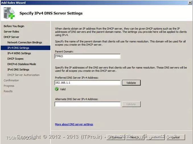 DHCP  یا Dynamic Host Configuration Protocol هسته ی یکی از سرویس های زیرساختاری شبکه محسوب می شود که مسئولیت ارائه IP آدرس ها و اطلاعات مربوط به DNS  سرورها به کلاینتها را بر عهده دارد. درمقاله |DHCP Option::http://www.tosinso.com/Articles/Details/541/DHCP%20Options| به معرفی Option ها و گزینه هایی که در نصب سرویس DHCP در ویندوز سرور 2008 به دانستن مفهوم آنها نیازمند بودیم پرداختم.در این مقاله به صورت تصویری نحوه ی نصب رول DHCP را توضیح خواهم داد و نگاهی گذرا به کنسول مدیریتی DHCP در ویندوز سرور 2008 خواهم داشت.

جهت نصب رول DHCP ، اولین موردی که باید به آن توجه داشت و پیش از نصب ،تنظیم مربوط به آن را چک کرد،داشتن Static IP سروری است که قصد نصب رول DHCP بر روی آن را دارید.در صورتی که سرور دارای Static IP نباشد،شما قادر نخواهید بود رول DHCP را بر روی آن نصب کنید.بعد از دادن IP دستی به سرور یا همان تنظیم Static IP باید طراحی های لازم جهت راه اندازی سرویس DHCP را انجام دهید.در طراحی باید موارد زیر را در نظر بگیرید:

* شبکه ای که قصد نصب این سرویس را بر روی آن دارید دارای چند سابنت و چه رنج IP می باشد؟
* IP آدرس های مر بوط به DNS سرور ،Default Gateway  و  دیگر سرورهای حیاتی و مهم در شبکه ،چه IP هایی هستند؟
*  سرویس DHCP مسئولیت ارائه خدمات به چندین کلاینت یا Device را در شبکه دارد؟
* سروری که قرار است سرویس DHCP بر روی آن نصب شود دارای چند کارت شبکه است ؟
* آیا نیاز شما اقتضا میکند که به روی هرکارت شبکه یک Scope  طراحی کنید یا نه ؟
* متناسب با تعداد کارتهای شبکه،چندین Scope خواهید داشت و کدام Scope بر روی کدام کارت شبکه قرار خواهد گرفت؟
* هر Scope باید از چه رنج IP شروع و تا چه رنج  IP ادامه داشته باشد.بهتر است Scopeها از قبل تعیین شوند.
* رنج IP مربوط به Exclusion Range را مشخص کنید.
* پیشنهاد می شود کلاینتهایی را که می خواهید IP آنها در Reservation Range قرار گیرند را مشخص کنید تا از قلم نیفتند.

!! نصب DHCP Role
جهت نصب رول DHCP ابتدا باید وارد کنسولServer Manager شوید،سپس گزینه Add Roles را انتخاب کنید:

 ||http://www.tosinso.com/files/get/49e7db6a-f526-430f-b283-eef0c7313ab5||
||http://www.tosinso.com/files/get/5ac7cf32-5bb3-4e9b-ba6e-ac73fd9855d5||
 سپس در میان رولهای نمایش داده شده در پنجره زیر،رول DHCP را تیک دارو گزینه Next را انتخاب کنید:

||http://www.tosinso.com/files/get/05e5b9ba-1932-4229-ad65-9ea4b7eeff08||
در صورتی که به سرور خود Static IP نداده باشید،در این مرحله اخطاری مبنی بر Static IP نبودن سرور و عدم امکان نصب رول DHCP را دریافت خواهید کرد.
در مرحله بعدی تعداد کارتهای شبکه ای که در سرور شما وجود دارند و شما می خواهید به روی آنها Scope های خود را تعریف کنید، نمایش داده خواهدشد. هرکدام از کارت شبکه هایی که می خواهید Scope های خود را به روی آنها تعریف کنید ،انتخاب یا تیک دار کنید.اصطلاح Connection Binding یعنی اینکه کدام رنجهای IP بر روی کدام کارت شبکه قرار گرفته باشند. 
همچنین شما درحین نصب رول DHCP  میتوانید دیگر تنظیمات مربوط به Scope ها را هم انجام دهید.در صورتی که تمایل داشته باشید Scope های خود را در همان کنسول مدیریتی DHCP انجام دهید،میتوانید از این مراحل بدون پر کردن گزینه های آن بگزرید.در اینجا ما انجام تنظیمات مربوط به Scope ها را به کنسول مدیریتی DHCP واگذار خواهیم کرد.

 ||http://www.tosinso.com/files/get/d954be2c-3741-4e67-87d9-2f18a1386ca6||
سپس در این مرحله مشخصات مربوط به Parent Domain یا دومینی که می خواهید DHCP  سرور بر روی آن فعالیت داشته باشد و همچنین مشخصات مربوط به DNS Server را وارد کنید و سپس گزینه Validate  را انتخاب کنید تا معتبر بودن DNS سرور شما بررسی و تایید شود.در صورت درست بودن IP مربوط به DNS سرور ، عبارت Valid همراه با تیک سبز رنگ در زیر آن قسمت ظاهر خواهد شد.در نهایت گزینه Next  را انتخاب کنید.

 ||http://www.tosinso.com/files/get/047dd83e-aab9-4ec0-9fa9-ef2a23c0e9e2||
در این مرحله در مورد سرویس WINS از شما سوال پرسیده می شود.در صورتی که در شبکه خود از این سرویس استفاده میکنید در اینجا IP مربوط به سرورهای آن را باید وارد کنید در غیر اینصورت گزینه اول را انتخاب و Next را بزنید:

 ||http://www.tosinso.com/files/get/c8f90b3b-bced-48bf-9612-0c8f1d61b39a||
همانطور که در بالانیز اشاره کردم شما میتوانید در حین نصب رول DHCP ، Scopeهای خود را نیز تعریف کنید .اینکار را در این مرحله از نصب رول می توانید انجام دهید.جهت تعریف Scope  کافی است گزینه Add را زده و اطلاعات خواسته شده مربوط به آن Scope را نیز وارد کنید.در غیر اینصورت گزینه Next را انتخاب کنید و وارد مرحله بعد شوید.
 
||http://www.tosinso.com/files/get/5a9b42e5-6711-44c5-8caa-de4dee95a345||
||http://www.tosinso.com/files/get/ae7a8e02-c12b-4299-9df7-3444b4a306d3||

در این مرحله در صورتی که از IPV6 استفاده میکنید میتوانید گزینه اول را جهت فعالسازی DHCPV6 انتخاب کنید.در غیر اینصورت گزینه دوم را انتخاب و Next را بزنید.
 
||http://www.tosinso.com/files/get/7e1dc8f1-17c7-45d1-b44f-abdf4f620325||

همانطور که از عنوان این پنجره بر می آید،در این قسمت نحوه Authorize کردن را انتخاب میکنید.اکتیودایرکتوری لیستی از DHCP سرورهای مجاز را در خود ذخیره میکند .جهت ذخیره و معرفی این DHCP سرور به اکتیودایرکتوری ،در این قسمت کاربری که در اکتیودایرکتوری است را وارد میکنید.در گزینه اول کاربری که با آن مشغول نصب این سرویس می باشید را انتخاب میکند که معمولا این کاربر ادمین است.در گزینه دوم شما نام کاربر دیگری را میتوانید وارد کنید.در گزینه ی آخر هم می توانید از ذخیره و معرفی این DHCP سرور به اکتیودایرکتوری خودداری کنید و گزینه Next را انتخاب کنید.اما همانطور که میبینید در پایین گزینه سوم به شما این هشدار را میدهد که این DHCP سرور برای اینکه بتواند در اکتیودایرکتوری سرویس دهد باید در آن Authorize شود.به هر حال این انتخاب شما می باشد.در نهایت گزینه Next را انتخاب کنید.

||http://www.tosinso.com/files/get/eabf314e-768e-4890-88cc-f4cadc3d7c7a||
 
در آخر خلاصه ای از اطلاعاتی که وارد کرده اید را به شما نمایش میدهد  و شما با زدن کلید Install این اطلاعات را تائید و نصب رول DHCP را آغاز میکنید.در صورتی که قسمتی از اطلاعات به درستی وارد نشده است گزینه  Previous را انتخاب و آن قسمت مورد نظر را اصلاح کنید.

||http://www.tosinso.com/files/get/7cf3ecd5-e7f5-4656-b614-a0ea465ad130||
 
با انتخاب گزینه Install ، رول DHCP شروع به نصب میکند.

||http://www.tosinso.com/files/get/be4b7009-f294-4b9d-9161-aa79f43cf497||
 
و در نهایت رول DHCP نصب می شود:
 
||http://www.tosinso.com/files/get/ab71f3f7-eae5-4fe1-900c-ecf8be4eeb96||

جهت وارد شدن به کنسول مدیریتی DHCP سرور از طریق منوی استارت،گزینه Administrative Tools و سپس DHCP را انتخاب کنید یا در Run تایپ کنید: dhcpmgmt.msc

شکل زیر نمایی از کنسول مدیریتی DHCP سرور است:

||http://www.tosinso.com/files/get/9d02c750-7c35-4dc4-9607-627f90456827||

!! ایجاد Scope جدید
برای ایجاد یکScope جدید در کنسول مدیریتی DHCP ،بر روی IPV4 راست کلیک کرده و گزینه New Scope را انتخاب کنید.سپس مراحل زیر را با دقت دنبال کنید:
 
||http://www.tosinso.com/files/get/34d01466-0152-4896-8166-7742f011fd8f||
||http://www.tosinso.com/files/get/b252e709-06b6-4010-9263-7b276c3ccf82||
 
در این پنجره باید برای Scopeی که می خواهید ایجاد کنید نامی انتخاب کنید و برای آن می توانید توضیحاتی را در قسمت Description اضافه کنید.Description در مواقعی که تعداد Scope ها زیاد باشد بسیار کاربردی می باشد.سپس گزینه Next را انتخاب کنید:

||http://www.tosinso.com/files/get/9fe64976-e2b7-4ee8-a34d-03144fc29c63||
 
در این پنجره،رنج IP ی که می خواهید آن Scope داشته باشد را مشخص می کنید.به خاطر داشته باشد که در End IP ، 8 کاراکتر آخر نمی تواند بیشتر از 254 باشد(همانطور که می دانید از 255 جهت Broadcast استفاده می شود). متناسب با رنج IP ی که واردمیکنید و کلاسی که آن رنجIP دارد،در قسمت پایین به صورت خودکار Subnet پر می شود:

||http://www.tosinso.com/files/get/47653958-410e-44a5-b8e7-0848a93487fa||
 
در پنجره بعدی شما آن رنجی را که می خواهید به عنوان Exclusion Range در نظر بگیرید را تعریف میکنید.شما می توانید بیش از یک Exclusion Range تعریف کنید.همانطور که میبینید در اینجا دو رنج IP برای Exclusion Range در نظر گرفته شده است:
 
||http://www.tosinso.com/files/get/a4f5cca4-1815-44ae-b36d-1cdd28af941b||

همانطور که از اسم این پنجره بر می آید،شما در اینجا مدت زمانی را که می خواهید IP ها را به کلاینتها قرض بدهید را تعریف می کنید،این مدت زمان یا همان Lease Duration به صورت پیش فرض 8 روز در نظر گرفته شده است که می توانید آن را تغییر دهید:
 
||http://www.tosinso.com/files/get/1fa23d7d-5a2b-4f5b-869f-22e83d7dde20||

در پنجره بعدی مشخص میکنید که آیا می خواهید تنظیمات مربوط به Option های DHCP را انجام دهید یا نه؟در اینجا جهت انجام این تنظیمات گزینه اول انتخاب شده است:

||http://www.tosinso.com/files/get/4ceda800-8a6c-42b8-bc71-0fe5f861c063||
 
Default Gateway های خود را در این قسمت تعریف و سپس Next را انتخاب کنید:

||http://www.tosinso.com/files/get/0a0c83ef-0d91-43c0-a71e-efbd5718af35||
 
در مرحله بعدی نام دومین و مشخصات مربوط به DNS Server را وارد کنید و گزینه Next را انتخاب کنید:

||http://www.tosinso.com/files/get/0d7d3874-6843-4b34-b2b7-09fbfae2d0b7||
 
در صورتی که از سرویس WINS استفاده میکنید اطلاعات مربوط به آن را وارد کنید ،در غیر اینصورت هم مجددا گزینه Next را انتخاب کنید:

||http://www.tosinso.com/files/get/2240e1fe-d43e-46a4-acea-a66de90341e7||
 
در این پنجره از شما پرسیده می شود که آیا می خواهید Scope مورد نظر را فعال کنید یا خیر؟در اینجا گزینه اول جهت فعالسازی Scope انتخاب شده است:
 
||http://www.tosinso.com/files/get/ae9083c0-05aa-4546-8595-30643ec0ff85||

و در نهایت با انتخاب گزینه Finish ،Scope  مورد نظر شما ایجاد خواهد شد:

||http://www.tosinso.com/files/get/51623f82-3668-4d53-b0c8-d0787a10bc3c||
 
و این هم نمایی از Scope ی که ایجاد کرده اید:

||http://www.tosinso.com/files/get/883a7d9c-1a06-417e-a07a-e6b23a5ec24f||
 
!! Scope Options
*Address Pool:*
کلیه IPهای مربوط به Scopeی که تعریف کرده اید در این قسمت قرار دارند.

*Address Lease:*
هر کلاینتی که در شبکه بالا بیاید و از سرویس DHCP ، IP دریافت کند در قسمت Address Leases ظاهر خواهد شد.

*Reservation:*
جهت اختصاص دادن Static IP به برخی از کلاینتهای بخصوص در این قسمت می توانید IP را برای آن کلاینتها را تعریف کنید.بر روی Reservation راست کلیک کرده و New Reservation را انتخاب کنید و سپس اطلاعاتی که از شما خواسته شده است را وارد کنید:
 
||http://www.tosinso.com/files/get/b47b5539-2d25-4c5f-b24d-f18d5fc240f3||
||http://www.tosinso.com/files/get/e98f70a0-d7bf-48f1-8320-e8e8f797e3f0||
 
*Scope Option:*
در این قسمت می توانید تنظیمات مربوط به Scope را ایجاد یا تغییر دهید.بر روی Scope option راست کلیک و گزینه Configure Option را انتخاب کنید:
 
||http://www.tosinso.com/files/get/1519b44e-51b7-4855-90d5-944f365797c0||
||http://www.tosinso.com/files/get/124f24c0-3cf9-4966-8522-dc9ef93f2115||
 
!! نتیجه گیری
DHCP یکی از سرویس های پایه ای و اساسی در شبکه محسوب می شود که تعریف،نصب و راه اندازی آن همانند دیگر سرویس های مهم شبکه نیازمند دقت و طراحی  می باشد.در این مقاله سعی شد نگاهی بر مبانی لازم جهت نصب و راه اندازی این سرویس مهم را  ارائه دهم.


نویسنده : فاطمه قرباوی
منبع : |جزیره سرویس های شبکه مایکروسافت وب سایت توسینسو::https://tosinso.com/microsoft|
هرگونه نشر و کپی برداری بدون ذکر منبع دارای اشکال اخلاقی می باشد. 