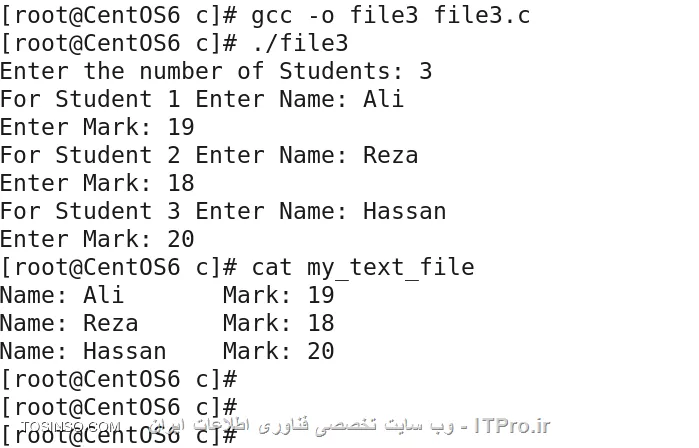 سلام و وقت بخیر. در این جلسه درمورد فایل ها صحبت میکنیم. تا اینجای کار دیدید که هر بار یک برنامه را اجرا میکنیم، اطلاعاتی که وارد میکنیم یا اطلاعات خروجی، همگی با اتمام برنامه از بین میروند. اما واضح است که ما به این اطلاعات نیاز داریم و باید ذخیره شوند. روش های متفاوتی برای ذخیره سازی اطلاعات در برنامه ها وجود دارد که یکی از آنها ذخیره در فایل است. بطور کلی توابعی که مربوط به ورود و خروج اطلاعات از فایل ها در C وجود دارند، به 2 دسته تقسیم میشوند.
# توابع فایل های متنی text
# توابع فایل های باینری Binary
عملیات روی فایل ها را به 4 دسته کلی میتوان تقسیم کرد.
# ایجاد فایل
# باز کردن فایل
# خواندن و نوشتن در فایل
# بستن یک فایل
* *کار کردن با فایل : * برای کار با فایل نیاز داریم که یک اشاره گر از جنس فایل داشته باشیم. این شاره گر وظیفه ایجاد ارتباط بین برنامه و فایل را دارد.
<c#>
FILE *ptr ;
<c#>
*باز کردن فایل : * برای باز کردن فایل از تابع fopen استفاده میکنیم.
<c#>
ptr = fopen( C:\\my_text_file.txt , w );
<c#>
الگوی کد این تابع به این صورت است که آرگومان اول تابع آدرس فایل و آرگومان دوم حالت (mode) دسترسی به فایل است. انواع mode عبارتند از :
# r  به معنی Open For Reading - اگر فایل وجود نداشته باشد Null برمیگرداند.
# w  به معنی Open for writing - اگر فایل وجود داشته باشد در آن overwrite میکند و اگر وجود نداشته باشد فایل را میسازد.
# a  به معنی Open for append - اگر فایل وجود نداشته باشد آن را میسازد.
# +r  به معنی Open for both reading and writing -  اگر فایل وجود نداشته باشد Null برمیگرداند.
# +w  به معنی Open for both reading and writing - اگر فایل وجود داشته باشد در آن overwrite میکند و اگر وجود نداشته باشد فایل را میسازد.
# +a  به معنی Open for both reading and appending -  اگر فایل وجود نداشته باشد آن را میسازد.
*بستن فایل : * بعد از اینکه کارمان با فایل تمام شد، مثلا در آن نوشتیم و از آن خواندیم، باید آن را ببندیم. این کار را با استفاده از تابع fclose انجام میدهیم.
<c#>
fclose( ptr );
<c#>
بسیار خوب. حالا بیایید چیز هایی را که یاد گرفتیم را پیاده سازی کنیم. طبق روال همیشه یک سند خالی با vim یا gedit باز کنید. به مثال ساده زیر توجه کنید.
<c#>
#include <stdio.h>
#include <stdlib.h>
int main()
{
   int n;
   FILE *fptr;
   fptr=fopen(/root/Desktop/c/my_text_file , w);
   if ( fptr == NULL )
   {
      printf(Error);   
      exit(1);             
   }
   printf(Enter n: );
   scanf( %d,&n );
   fprintf(fptr,%d \n,n);   
   fclose(fptr);
   return 0;
}
<c#>
<center>
||http://tosinso.com/files/get/0ba8f3e0-8872-41b4-99c2-b5b682a271cf||
<center>
تنها نکته جدیدی که در کد وجود دارد، تابع fprintf است. این تابع همانند printf است با این تفاوت که نتیجه را درون فایل ذخیره میکند. همانطور که واضح است این تابع 3 آرگومان دارد. اولی همان اشاره گرمان به فایل است. دومی فرمت دخیره داده و سومی متغیری که میخواهیم محتویاتش در فایل ذخیره شود. حال به یک مثال ساده دیگر توجه کنید.
<c#>
#include <stdio.h>
#include <stdlib.h>
int main()
{
   int n;
   FILE *fptr;
   if (( fptr=fopen(/root/Desktop/c/my_text_file , r )) == NULL)
   {
       printf(Error);
       exit(1);
   }
   fscanf( fptr,%d,&n );
   printf( The Value of n is %d \n,n ); 
   fclose(fptr);   
   return 0;
}
<c#>
<center>
||http://tosinso.com/files/get/b3352ef6-7cce-49a3-8f03-c80954e152ca||
<center>
در این کد هم مطلب جدیدی وجود ندارد جز تابع fscanf . این تابع همانند scanf است با این تفاوت که ورودی را از فایل میخواند. این تابع 3 آرگومان دارد. اولی اشاره گر به فایل. دومی فرمت داده و سومی هم آدرس متغیری که میخواهیم ورودی در آن دخیره شود. 
2 تابع fgetchar و fputchar هم همانند getchar و putchar هستند.بهتر است یک مثال دیگر هم حل کنیم.
*مثال: برنامه ای بنویسید که نام و نمرات دانشجویان را بگیرد و آنها را مرتب در یک فایل ذخیره کند.* 
<c#>
#include <stdio.h>
#imclude <stdlib.h>
int main(){
   char name[50];
   int marks,i,n;
   FILE *fptr;
   printf( Enter the number of Students:  );
   scanf( %d,&n );
   FILE *fptr;
   fptr = ( fopen( C:\\student.txt , a ) );
   if( fptr == NULL)
   {
       printf( Error );
       exit(1);
   }
   for( i=0 ; i<n ; i++ )
   {
      printf( For student %d Enter Name:  ,i+1 );
      scanf( %s,name );
      printf( Enter mark:  );
      scanf( %d , &mark);
      fprintf( fptr, Name: %s\t Mark: %d \n ,name,mark);
   }
   fclose(fptr);
   return 0;
}
<c#>
<center>
||http://tosinso.com/files/get/04a57e2c-c167-412e-bee7-2aa121934c98||
<center>

*فایل های باینری*
بر اساس اینکه فایل به چه روشی برای پردازش باز میشود میتواند به دو دسته باینری و متنی تقسیم شود. در حجم زیاد داده، فایل های متنی مناسب نیستند و معمولا از فایل باینری استفاده میشود. کار کردن با فایل باینری بسیار شبیه به فایل متنی است. فقط کمی تفاوت در کد دارند. 
*باز کردن فایل باینری*
حالت های باز کردن فایل های باینری را با rb+ ، rb+ ، wb ، wb+، ab ، ab نشان میدهند. فقط یک b نسبت به حالت فایل متنی اضافه شده.
*خواندن و نوشتن در فایل باینری*
از دو تابع fread و fwrite برای خواندن و نوشتن در فایل های باینری استفاده میشود. تابع fwrite چهار آرگومان دارد. آدرس فایل، اندازه داده روی فایل، تعداد داده و اشاره گر. تابع fread هم همینطور.
<c#>
fwrite ( address_data , size_data , numbers_data to write , pointer_to_file );
<c#>
به مثال ها توجه کنید.
فایل file4.c
<c#>
#include <stdio.h>
#include <stdlib.h>
	struct rec
	{
		int x, y, z;
	};
	int main()
	{
		int counter;
		FILE *ptr;
		struct rec myrecord;
		ptr = fopen( /root/Desktop/c/file.bin , wb );
		if ( !ptr )
		{
			printf( Unable to open file );
			return 1;
		}
		for ( counter=1 ; counter <= 10 ; counter++ )
		{
			myrecord.x = counter;
                        myrecord.y = counter;  
                        myrecord.z = counter;
			fwrite( &myrecord , sizeof(struct rec) , 1 , ptr);
		}
		fclose( ptr );
		return 0;
	}
<c#>
حال برای خواندن اطلاعات از کد زیر استفاده میکنیم.
فایل file5.c
<c#>
#include <stdio.h>
#include <stdlib.h>
	struct rec
	{
		int x ,y ,z ;
	};

	int main()
	{
		int counter;
		FILE *ptr;
		struct rec myrecord;
		ptr = fopen( /root/Desktop/c/file.bin , rb );
		if ( !ptr )
		{
			printf( Unable to open file! );
			return 1;
		}
		for ( counter=1 ;  counter <= 10 ; counter++ )
		{
			fread( &myrecord , sizeof(struct rec) , 1 , ptr );
			printf( %d \t  , myrecord.x);
                        printf( %d \t  , myrecord.y);
                        printf( %d \n  , myrecord.z);
		}
		fclose( ptr );
		return 0;
	}
<c#>
<center>
||http://tosinso.com/files/get/6125c743-7860-4fd0-9ff0-6c560c2d716f||
<center>
کد ها ساده است و فک نمیکنم احتیاج به توضیح خاصی باشد. اگر فایل file.bin را باز کنیم قابل خواندن توسط انسان نیست. باید با کد مخصوص فایل باینری باز شود.
<center>
||http://tosinso.com/files/get/83b2c66f-6a6e-432e-93b5-1469a4c45178|| 
<center>
پایان قسمت دوازدهم

نویسنده : سید محمد باقر موسوی
منبع : |جزیره برنامه نویسی وب سایت توسینسو::https://tosinso.com/programming|
هرگونه نشر و کپی برداری بدون ذکر منبع و نام نویسنده دارای اشکال اخلاقی است