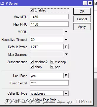 با سلام و خسته نباشید
من در یک شرکت برای اتصال Voip بین شعبات نیاز به ایجاد Connection L2tp با IPSec دارم و در mikrotik اونو راه اندازی کردم اما وقتی در گوشیم از بیرون شبکه به server address :ip public وارد کردم می خواهم وصل بشم امکان آن وجود ندارد
||https://tosinso.com/files/get/531f2a7d-e984-4651-9d99-6575e0a3b90a||
||https://tosinso.com/files/get/0e8242d1-c9c5-45df-9516-fb185265e361||
||https://tosinso.com/files/get/d7d62a90-3bc5-47a0-845c-5b049d375582||
||https://tosinso.com/files/get/04c90158-ae1b-4027-a491-9c03b76e02bb||
این تنظیماتیه که من انجام دادم