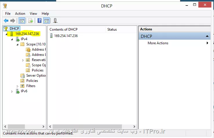 ممنون.
دیدم. درسته. ای پی مودم روتر بود تو بخش dhcp کلاینتم . چون تو ویندوز سرور کارت شبکه وایرلسم ، به مودم روتر adsl وصل هست فکر میکردم از اون شاید داره میگیره. الان dhcp اون رو خاموش کردم و ویندوز سرورم با ای پی دستی وصل هست و کلاینتم APIPA شد ای پیش.الان مشخص شد اصلا dhcp سرورم کار نمیکنه با اینکه اکتیو هست.
 
یه چیزی هم هست.از APIPA تو dhcp سرور ویندوز سرورم استفاده شده که نمیدونم ای پی چی هست دقیق.
اینم عکسش.
||http://virtualization.tosinso.com/files/get/04d59385-1515-4749-a29b-a02bc0da8150||