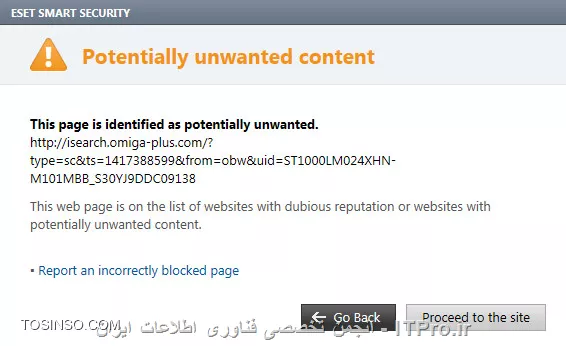 اخطار NOD 32 مبنی بر نا امن بودن صفحه.