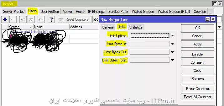 البته یه راه دیگه هم داری
زمانی که داری تو هات اسپات یوزر تعریف میکنی یه سربرگ داره به اسم Limits اونجا میتونی یوزر بر اساس UpTime و Bandwidth رو با توجه به نوع پالیسی که مد نظر داری درست کنی
||http://network.tosinso.com/files/get/05673a0f-e090-48f4-bc47-d35daad3947b||