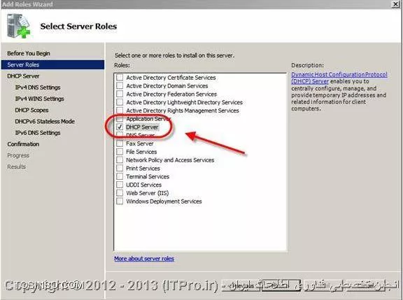 DHCP  یا Dynamic Host Configuration Protocol هسته ی یکی از سرویس های زیرساختاری شبکه محسوب می شود که مسئولیت ارائه IP آدرس ها و اطلاعات مربوط به DNS  سرورها به کلاینتها را بر عهده دارد. درمقاله |DHCP Option::http://www.tosinso.com/Articles/Details/541/DHCP%20Options| به معرفی Option ها و گزینه هایی که در نصب سرویس DHCP در ویندوز سرور 2008 به دانستن مفهوم آنها نیازمند بودیم پرداختم.در این مقاله به صورت تصویری نحوه ی نصب رول DHCP را توضیح خواهم داد و نگاهی گذرا به کنسول مدیریتی DHCP در ویندوز سرور 2008 خواهم داشت.

جهت نصب رول DHCP ، اولین موردی که باید به آن توجه داشت و پیش از نصب ،تنظیم مربوط به آن را چک کرد،داشتن Static IP سروری است که قصد نصب رول DHCP بر روی آن را دارید.در صورتی که سرور دارای Static IP نباشد،شما قادر نخواهید بود رول DHCP را بر روی آن نصب کنید.بعد از دادن IP دستی به سرور یا همان تنظیم Static IP باید طراحی های لازم جهت راه اندازی سرویس DHCP را انجام دهید.در طراحی باید موارد زیر را در نظر بگیرید:

* شبکه ای که قصد نصب این سرویس را بر روی آن دارید دارای چند سابنت و چه رنج IP می باشد؟
* IP آدرس های مر بوط به DNS سرور ،Default Gateway  و  دیگر سرورهای حیاتی و مهم در شبکه ،چه IP هایی هستند؟
*  سرویس DHCP مسئولیت ارائه خدمات به چندین کلاینت یا Device را در شبکه دارد؟
* سروری که قرار است سرویس DHCP بر روی آن نصب شود دارای چند کارت شبکه است ؟
* آیا نیاز شما اقتضا میکند که به روی هرکارت شبکه یک Scope  طراحی کنید یا نه ؟
* متناسب با تعداد کارتهای شبکه،چندین Scope خواهید داشت و کدام Scope بر روی کدام کارت شبکه قرار خواهد گرفت؟
* هر Scope باید از چه رنج IP شروع و تا چه رنج  IP ادامه داشته باشد.بهتر است Scopeها از قبل تعیین شوند.
* رنج IP مربوط به Exclusion Range را مشخص کنید.
* پیشنهاد می شود کلاینتهایی را که می خواهید IP آنها در Reservation Range قرار گیرند را مشخص کنید تا از قلم نیفتند.

!! نصب DHCP Role
جهت نصب رول DHCP ابتدا باید وارد کنسولServer Manager شوید،سپس گزینه Add Roles را انتخاب کنید:

 ||http://www.tosinso.com/files/get/49e7db6a-f526-430f-b283-eef0c7313ab5||
||http://www.tosinso.com/files/get/5ac7cf32-5bb3-4e9b-ba6e-ac73fd9855d5||
 سپس در میان رولهای نمایش داده شده در پنجره زیر،رول DHCP را تیک دارو گزینه Next را انتخاب کنید:

||http://www.tosinso.com/files/get/05e5b9ba-1932-4229-ad65-9ea4b7eeff08||
در صورتی که به سرور خود Static IP نداده باشید،در این مرحله اخطاری مبنی بر Static IP نبودن سرور و عدم امکان نصب رول DHCP را دریافت خواهید کرد.
در مرحله بعدی تعداد کارتهای شبکه ای که در سرور شما وجود دارند و شما می خواهید به روی آنها Scope های خود را تعریف کنید، نمایش داده خواهدشد. هرکدام از کارت شبکه هایی که می خواهید Scope های خود را به روی آنها تعریف کنید ،انتخاب یا تیک دار کنید.اصطلاح Connection Binding یعنی اینکه کدام رنجهای IP بر روی کدام کارت شبکه قرار گرفته باشند. 
همچنین شما درحین نصب رول DHCP  میتوانید دیگر تنظیمات مربوط به Scope ها را هم انجام دهید.در صورتی که تمایل داشته باشید Scope های خود را در همان کنسول مدیریتی DHCP انجام دهید،میتوانید از این مراحل بدون پر کردن گزینه های آن بگزرید.در اینجا ما انجام تنظیمات مربوط به Scope ها را به کنسول مدیریتی DHCP واگذار خواهیم کرد.

 ||http://www.tosinso.com/files/get/d954be2c-3741-4e67-87d9-2f18a1386ca6||
سپس در این مرحله مشخصات مربوط به Parent Domain یا دومینی که می خواهید DHCP  سرور بر روی آن فعالیت داشته باشد و همچنین مشخصات مربوط به DNS Server را وارد کنید و سپس گزینه Validate  را انتخاب کنید تا معتبر بودن DNS سرور شما بررسی و تایید شود.در صورت درست بودن IP مربوط به DNS سرور ، عبارت Valid همراه با تیک سبز رنگ در زیر آن قسمت ظاهر خواهد شد.در نهایت گزینه Next  را انتخاب کنید.

 ||http://www.tosinso.com/files/get/047dd83e-aab9-4ec0-9fa9-ef2a23c0e9e2||
در این مرحله در مورد سرویس WINS از شما سوال پرسیده می شود.در صورتی که در شبکه خود از این سرویس استفاده میکنید در اینجا IP مربوط به سرورهای آن را باید وارد کنید در غیر اینصورت گزینه اول را انتخاب و Next را بزنید:

 ||http://www.tosinso.com/files/get/c8f90b3b-bced-48bf-9612-0c8f1d61b39a||
همانطور که در بالانیز اشاره کردم شما میتوانید در حین نصب رول DHCP ، Scopeهای خود را نیز تعریف کنید .اینکار را در این مرحله از نصب رول می توانید انجام دهید.جهت تعریف Scope  کافی است گزینه Add را زده و اطلاعات خواسته شده مربوط به آن Scope را نیز وارد کنید.در غیر اینصورت گزینه Next را انتخاب کنید و وارد مرحله بعد شوید.
 
||http://www.tosinso.com/files/get/5a9b42e5-6711-44c5-8caa-de4dee95a345||
||http://www.tosinso.com/files/get/ae7a8e02-c12b-4299-9df7-3444b4a306d3||

در این مرحله در صورتی که از IPV6 استفاده میکنید میتوانید گزینه اول را جهت فعالسازی DHCPV6 انتخاب کنید.در غیر اینصورت گزینه دوم را انتخاب و Next را بزنید.
 
||http://www.tosinso.com/files/get/7e1dc8f1-17c7-45d1-b44f-abdf4f620325||

همانطور که از عنوان این پنجره بر می آید،در این قسمت نحوه Authorize کردن را انتخاب میکنید.اکتیودایرکتوری لیستی از DHCP سرورهای مجاز را در خود ذخیره میکند .جهت ذخیره و معرفی این DHCP سرور به اکتیودایرکتوری ،در این قسمت کاربری که در اکتیودایرکتوری است را وارد میکنید.در گزینه اول کاربری که با آن مشغول نصب این سرویس می باشید را انتخاب میکند که معمولا این کاربر ادمین است.در گزینه دوم شما نام کاربر دیگری را میتوانید وارد کنید.در گزینه ی آخر هم می توانید از ذخیره و معرفی این DHCP سرور به اکتیودایرکتوری خودداری کنید و گزینه Next را انتخاب کنید.اما همانطور که میبینید در پایین گزینه سوم به شما این هشدار را میدهد که این DHCP سرور برای اینکه بتواند در اکتیودایرکتوری سرویس دهد باید در آن Authorize شود.به هر حال این انتخاب شما می باشد.در نهایت گزینه Next را انتخاب کنید.

||http://www.tosinso.com/files/get/eabf314e-768e-4890-88cc-f4cadc3d7c7a||
 
در آخر خلاصه ای از اطلاعاتی که وارد کرده اید را به شما نمایش میدهد  و شما با زدن کلید Install این اطلاعات را تائید و نصب رول DHCP را آغاز میکنید.در صورتی که قسمتی از اطلاعات به درستی وارد نشده است گزینه  Previous را انتخاب و آن قسمت مورد نظر را اصلاح کنید.

||http://www.tosinso.com/files/get/7cf3ecd5-e7f5-4656-b614-a0ea465ad130||
 
با انتخاب گزینه Install ، رول DHCP شروع به نصب میکند.

||http://www.tosinso.com/files/get/be4b7009-f294-4b9d-9161-aa79f43cf497||
 
و در نهایت رول DHCP نصب می شود:
 
||http://www.tosinso.com/files/get/ab71f3f7-eae5-4fe1-900c-ecf8be4eeb96||

جهت وارد شدن به کنسول مدیریتی DHCP سرور از طریق منوی استارت،گزینه Administrative Tools و سپس DHCP را انتخاب کنید یا در Run تایپ کنید: dhcpmgmt.msc

شکل زیر نمایی از کنسول مدیریتی DHCP سرور است:

||http://www.tosinso.com/files/get/9d02c750-7c35-4dc4-9607-627f90456827||

!! ایجاد Scope جدید
برای ایجاد یکScope جدید در کنسول مدیریتی DHCP ،بر روی IPV4 راست کلیک کرده و گزینه New Scope را انتخاب کنید.سپس مراحل زیر را با دقت دنبال کنید:
 
||http://www.tosinso.com/files/get/34d01466-0152-4896-8166-7742f011fd8f||
||http://www.tosinso.com/files/get/b252e709-06b6-4010-9263-7b276c3ccf82||
 
در این پنجره باید برای Scopeی که می خواهید ایجاد کنید نامی انتخاب کنید و برای آن می توانید توضیحاتی را در قسمت Description اضافه کنید.Description در مواقعی که تعداد Scope ها زیاد باشد بسیار کاربردی می باشد.سپس گزینه Next را انتخاب کنید:

||http://www.tosinso.com/files/get/9fe64976-e2b7-4ee8-a34d-03144fc29c63||
 
در این پنجره،رنج IP ی که می خواهید آن Scope داشته باشد را مشخص می کنید.به خاطر داشته باشد که در End IP ، 8 کاراکتر آخر نمی تواند بیشتر از 254 باشد(همانطور که می دانید از 255 جهت Broadcast استفاده می شود). متناسب با رنج IP ی که واردمیکنید و کلاسی که آن رنجIP دارد،در قسمت پایین به صورت خودکار Subnet پر می شود:

||http://www.tosinso.com/files/get/47653958-410e-44a5-b8e7-0848a93487fa||
 
در پنجره بعدی شما آن رنجی را که می خواهید به عنوان Exclusion Range در نظر بگیرید را تعریف میکنید.شما می توانید بیش از یک Exclusion Range تعریف کنید.همانطور که میبینید در اینجا دو رنج IP برای Exclusion Range در نظر گرفته شده است:
 
||http://www.tosinso.com/files/get/a4f5cca4-1815-44ae-b36d-1cdd28af941b||

همانطور که از اسم این پنجره بر می آید،شما در اینجا مدت زمانی را که می خواهید IP ها را به کلاینتها قرض بدهید را تعریف می کنید،این مدت زمان یا همان Lease Duration به صورت پیش فرض 8 روز در نظر گرفته شده است که می توانید آن را تغییر دهید:
 
||http://www.tosinso.com/files/get/1fa23d7d-5a2b-4f5b-869f-22e83d7dde20||

در پنجره بعدی مشخص میکنید که آیا می خواهید تنظیمات مربوط به Option های DHCP را انجام دهید یا نه؟در اینجا جهت انجام این تنظیمات گزینه اول انتخاب شده است:

||http://www.tosinso.com/files/get/4ceda800-8a6c-42b8-bc71-0fe5f861c063||
 
Default Gateway های خود را در این قسمت تعریف و سپس Next را انتخاب کنید:

||http://www.tosinso.com/files/get/0a0c83ef-0d91-43c0-a71e-efbd5718af35||
 
در مرحله بعدی نام دومین و مشخصات مربوط به DNS Server را وارد کنید و گزینه Next را انتخاب کنید:

||http://www.tosinso.com/files/get/0d7d3874-6843-4b34-b2b7-09fbfae2d0b7||
 
در صورتی که از سرویس WINS استفاده میکنید اطلاعات مربوط به آن را وارد کنید ،در غیر اینصورت هم مجددا گزینه Next را انتخاب کنید:

||http://www.tosinso.com/files/get/2240e1fe-d43e-46a4-acea-a66de90341e7||
 
در این پنجره از شما پرسیده می شود که آیا می خواهید Scope مورد نظر را فعال کنید یا خیر؟در اینجا گزینه اول جهت فعالسازی Scope انتخاب شده است:
 
||http://www.tosinso.com/files/get/ae9083c0-05aa-4546-8595-30643ec0ff85||

و در نهایت با انتخاب گزینه Finish ،Scope  مورد نظر شما ایجاد خواهد شد:

||http://www.tosinso.com/files/get/51623f82-3668-4d53-b0c8-d0787a10bc3c||
 
و این هم نمایی از Scope ی که ایجاد کرده اید:

||http://www.tosinso.com/files/get/883a7d9c-1a06-417e-a07a-e6b23a5ec24f||
 
!! Scope Options
*Address Pool:*
کلیه IPهای مربوط به Scopeی که تعریف کرده اید در این قسمت قرار دارند.

*Address Lease:*
هر کلاینتی که در شبکه بالا بیاید و از سرویس DHCP ، IP دریافت کند در قسمت Address Leases ظاهر خواهد شد.

*Reservation:*
جهت اختصاص دادن Static IP به برخی از کلاینتهای بخصوص در این قسمت می توانید IP را برای آن کلاینتها را تعریف کنید.بر روی Reservation راست کلیک کرده و New Reservation را انتخاب کنید و سپس اطلاعاتی که از شما خواسته شده است را وارد کنید:
 
||http://www.tosinso.com/files/get/b47b5539-2d25-4c5f-b24d-f18d5fc240f3||
||http://www.tosinso.com/files/get/e98f70a0-d7bf-48f1-8320-e8e8f797e3f0||
 
*Scope Option:*
در این قسمت می توانید تنظیمات مربوط به Scope را ایجاد یا تغییر دهید.بر روی Scope option راست کلیک و گزینه Configure Option را انتخاب کنید:
 
||http://www.tosinso.com/files/get/1519b44e-51b7-4855-90d5-944f365797c0||
||http://www.tosinso.com/files/get/124f24c0-3cf9-4966-8522-dc9ef93f2115||
 
!! نتیجه گیری
DHCP یکی از سرویس های پایه ای و اساسی در شبکه محسوب می شود که تعریف،نصب و راه اندازی آن همانند دیگر سرویس های مهم شبکه نیازمند دقت و طراحی  می باشد.در این مقاله سعی شد نگاهی بر مبانی لازم جهت نصب و راه اندازی این سرویس مهم را  ارائه دهم.


نویسنده : فاطمه قرباوی
منبع : |جزیره سرویس های شبکه مایکروسافت وب سایت توسینسو::https://tosinso.com/microsoft|
هرگونه نشر و کپی برداری بدون ذکر منبع دارای اشکال اخلاقی می باشد. 