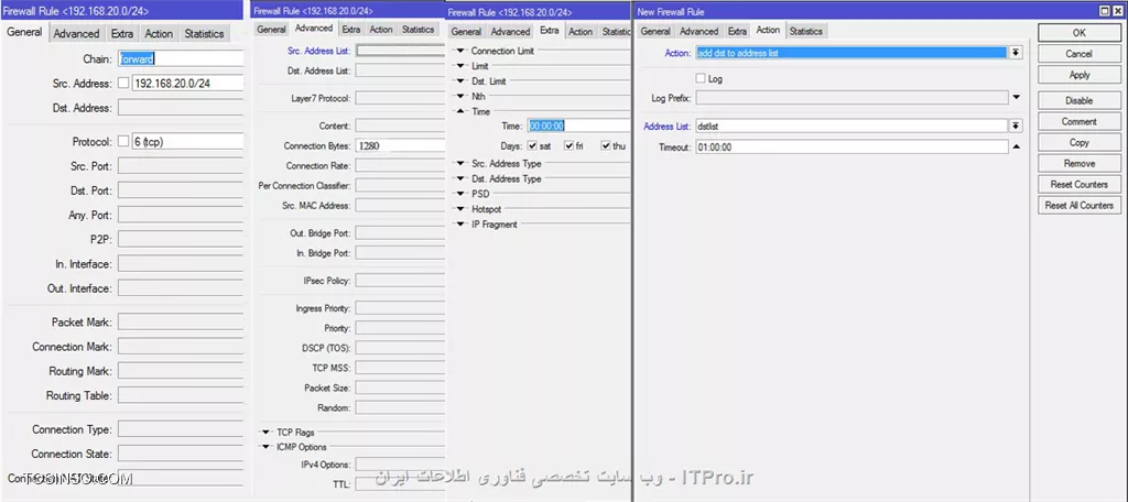 با سلام برای انجام چنین پالسی در شبکه بهتر است از سرویس های اکانتینگ همچون Kerio or IBSng استفاده کنی که قطعا امکانات مدیریتی بیشتری برای شما فراهم میکنه ( راحت بگم میتونین دمار کاربران شبکتونو در بیارین)
ولی داخل میکروتیک هم از طریق usermanger + Hotspot  هم میتونید اینکارو انجام بدین یه اسکریپتی هست داخل سایت ویکی میکروتیک میتونید انجام بدین.
ولی یه راه دگه هم هست اونم استفاده از قوانین فیلتر گزاری در فایروال میکروتیک.
مثلا ما می خواهیم حجم دانلود را بر اساس مبدا و مقصد بلاک کینم که کاربرامون نتونن فایلهای بالای 10 مگ رو دانلود کنن.
برای اینکار کافیه سه دونه رول تو قسمت ip / firwall / filter rules بنویسیم:
قانون اول:
||http://network.tosinso.com/files/get/28f4b7ac-57b2-4d9e-9bb9-9695f1eec39c||
معادل فارسیش: یعنی اگه درخواست عبوری به سمت روتر اومد (chain:forward) و از رنج آی پی های داخل شبکمون اومد و پروتکلشم TCP بود و مقدار دانلودش 1280 بود و یا حتی در یه بازه زمانی خاص آدرس آیپی این کاربرانو بزار تو یه  آدرس لیست به اسم srclist و به مدت یه ساعت نذار دگه به سرش بزنه بخواد از این شیطنت بازیها در بیاره 
قانون دوم :
||http://network.tosinso.com/files/get/06174d9e-2f34-4ac8-96fa-347db6d74bc4||
دقیقا مثه همون قبلی ولی تو تب اکشن باید آدرس لیست مقصد رو مشخص کنی
قاونون سوم :
||http://network.tosinso.com/files/get/3ec58edf-48b3-45f5-82fa-9977988cd421||
تو این قانون هم میگیم درخواستهای عبوری از روتر که از طرف آدرس لیست srclist به مقصد dstlist و در اون بازه زمانی مدنظر رو کلا دراپ کن که دگه به سرش نزنه فیلم و موزیک دانلود کنه

فقط دوتا نکته کنکوری:
1- چرا ما گفتیم 10 مگ ولی بعدش نوشتیم 1280؟ چون مقدار connection Byte به ازای هر کانکشنه  و از اونجا که  IDM به صورت پیش فرض واسه دانلود  8 کانکشن را به سمت سایت مقصد ارسال می‌کند، پس 8 کانکشن 1280 بایتی، میشه 10 مگ فقط توجه داشته باشید اگه فایل از طریق بروزر دانلود شود، بعد از دانلود 1280 بایت دانلود کاربر متوقف می‌شود چرا که بروزر برخلاف IDM، تنها یک کانکشن را به سایت مقصد ارسال می‌کند)
2-در نوشتن قوانین ترتیب رو رعایت کنید چون کلا تو تمام فایروالها قوانین از بالا به پایین اجرا میشن پس اون قاونون سومی باید در انتها قرار بگیره
