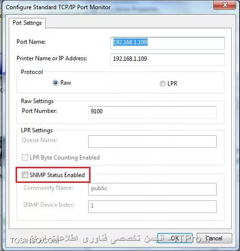 سلام،
ما توی شبکه‌مون زیاد به این مسئله برمی‌خوردم، که بعد از search و اینها یه تنظیمی توی properties پرینتر پیدا کردیم به این ترتیب:
||http://network.tosinso.com/files/get/a74df791-a9d4-4090-9676-d84d35d2fb53||
||http://network.tosinso.com/files/get/0693170d-05b3-4166-b0ad-f8a914ed2bd2||
تیک SNMP برداشته شود.