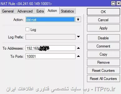 با سلام حضور دوستان محترم ، من ميخوام پورتي رو براي کارت ساعتم ست کنم که از بيرون به اون دسترسي داشته باشم ، ظاهرا همه چي رو درست مي زنم و تنظيمات درسته ... در قسمت counter ميکروتيک هم counter  ميندازه ولي نمي دونم مشکل کجاست يا چيو بايد چک کنم .. با سايت youget signal هم چک مي کنم نوشته پورتت بسته هست.. تصاوير رو پايين اوردم:

||http://tosinso.com/files/get/7e9a2b21-60dd-47c5-bb22-7f2278d914f3||

||http://tosinso.com/files/get/08150c21-833e-446f-a0d2-a6542660abae||

