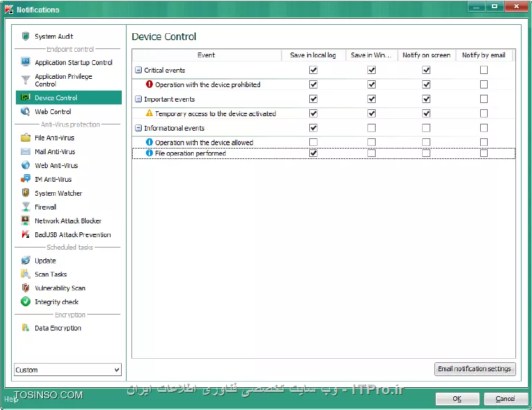 !! اجازه نوشتن روی USB flash برای کاربران دومین 
در این آزمایش تنظیمات  Device Control را برای Kaspersky Endpoint Security policy طوری تنظیم می کنیم که کاربران دومین بتوانند تحت Domain users group قابلیت نوشتن روی فلش مموری ها را داشته باشند 

- Security-Center

1- وارد پراپرتیس KES 10 SP2 workstation policy شوید 

2- وارد منو Device Control شوید 

3- حالا روی Removable drives و روی Logging کلیک کنید 

||https://tosinso.com/files/get/4d2aa176-83a9-4e12-a939-35f3c7b1a038||

4- روی Select کلیک و در گروه Everyone روی OK کلیک کنید 

||https://tosinso.com/files/get/34d8a032-0fcb-4c91-8b12-421841a7f028||

5- روی تب Trusted devices سوییچ کنید 

6- روی Add کلیک کنید 

7- روی لیست گزینه Devices by ID انتخاب شود 

8- در Computer name و بنویسید PC1 و روی Refresh کلیک کنید 

9- روی خودتان USB drive  کلیک کنید 

||https://tosinso.com/files/get/b6874ae2-cfc0-4a12-955e-d384702b2abb||

10- کلیک Select و بر روی Domain Users مدنظرتان کلیک کنید و OK را بزنید 

||https://tosinso.com/files/get/16e2fc06-c986-4e5b-b22b-b1dc5de6ab67||

11- بر روی Advanced Settings\Reports and Storages کلیک کنید 

||https://tosinso.com/files/get/9290ea0d-d3a7-4380-a6c1-b70837f14c16||

12- در Notifications روی Settings کلیک کنید 

||https://tosinso.com/files/get/6733bbf7-0a10-4893-bd78-040833060941||

13- بر روی Device Control کلیک کنید 

||https://tosinso.com/files/get/73fd6ae7-d95d-461b-a16c-2dcb1d385122||

14- انتخاب کنید Save in local log و بخش رخدادی File operation performed رفته و روی OK کلیک کنید 

||https://tosinso.com/files/get/0855fe96-a856-4f70-afb4-6b95ee272b08||

15- پالیسی را OK کنید و صبر کنید تا پالیسی اعمال شود 

16 حالا فایلی را داخل فلش مموری در کپی کنید ( PC1 ) اینجا فایلی را به نام invoice.txt را قرار دادیم 

17- مطمئن شوید که Kaspersky Endpoint Security اجاره نوشتن را داده است 

18- انتخاب کنید Administration Server و داخل تب Reports شوید 

19- انتخاب کنید Report on file operations on removable drives

20- داخل گزارشات روی Show report کلیک کنید 

||https://tosinso.com/files/get/5e2e7578-7d37-40b1-9278-63d5df9ed0df||

21- شکل نهایی گزارش به صورت زیر باید باشد 

||https://tosinso.com/files/get/2cbc4314-18c5-49e3-94f7-6b73a106998e||

نویسنده : سید احمد توسلی
منبع : |جزیره امنیت اطلاعات و ارتباطات وب سایت توسینسو::https://tosinso.com/security|
هرگونه نشر و کپی برداری بدون ذکر منبع و نام نویسنده دارای اشکال اخلاقی است
