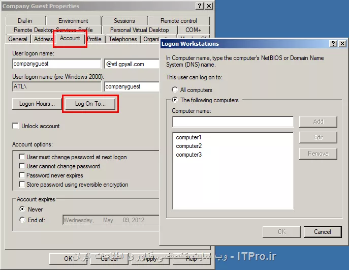 سلام 
درون AD برای هر کاربر میتونید محدودیت لاگین مشخص کنید:
||http://network.tosinso.com/files/get/0942e2cf-53be-4b1b-993f-c33f0e85232b||