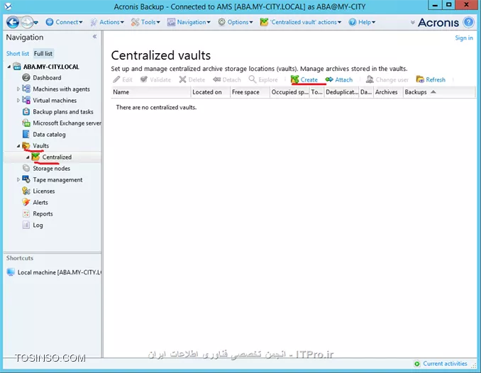 --
وقتی که Acronis backup advanced را در نصب کرده ایم قدم بعدی تعین جائی برای ذخیره سازی Backup های گرفته شده می باشد. ABA برای ذخیره سازی اطلاعات خود از Vaults استفاده می کند. Vaults یک مکان مرکزی و متمرکز برای ذخیره سازی Backup های گرفته شده تعریف می کند.Vaults برای ذخیره اطلاعات از دو روش استفاده میکند:
•	Managed
•	Unmanaged
تفاوت این دو را می توانید در جدول زیر مشاهده کنید:
||http://tosinso.com/files/get/f7bd07f7-ea4b-43a1-ae96-13c28ea63b28||
||http://tosinso.com/files/get/a38e7ad7-2d05-410b-b519-58a892740cf9||
واضحه ولی بعضی از پارامترها را توضیح میدم  
•	Deduplication این فابلیت فقط در روش Managed قابل پیاده سازی می باشد و کار آن کاهش فضای ذخیره سازی Storage می باشد و اینکار را با حذف فایلی های هم سایز وهمشکل در یک Storage node انجام می دهد.توضیح مکانیزم Deduplication باعث طولانی شدن این مقاله می شود. 
برای اطلاع بیشتر فایل زیر را بخوانید:
<c#>
http://www.acronis.com/download/docs/abr10d/datasheet/
<c#>
•	قابلیت رمزگذاری کردن Vaults : این قابلیت باعث رمزگذاری شدن اطلاعات ذخیره شده در این Vaults می شود. در زمان خواندن اطلاعات از این Vault اطلاعات رمزگشائی می شود. 
•	Backup Storage node: استفاده از این سرویس، فقط در روش Managed قابل اجراس.
•	Data Catalog را هم در بخش Backup storage توضیح می دهم.
•	Cloud Storage: با این متد میتوانید اطلاعات خود را در سرورهای Acronis ذخیره کنید.
نکته : در روش  Managed فقط میتوانیم  Storage node را ایجاد کنیم.
ما دو نوع Vaults در ABA داریم:
•	Centralized Vaults 
•	Personal vaults
Centralized vault : یک Storage خاص که بر روی Network قرار دارد مشخص می کند. و بصورت پیش فرض تمام Backup plan ها و غیره در این Vaults قرار دارند. روش Managed فقط در این Vaults قابل پیاده سازی میباشد.
Personal Vaults : زمانی می توانید از این Vault استفاده کنید که به صورت مستقیم به Managed Machine وصل شوید و از ریسورسهای آن مانند Disk Drive- removable Storage  و غیره استفاده کنید.
نکته : به Client/Serverی که بر روی آن Agent نصب شده است Managed Machine گفته می شود.
*Vault path: * به پارامتری گفته میشود که محل ذخیره سازی در روش Unmanaged را و Managed را مشخص می کند.
Vault path های Managed :
||http://tosinso.com/files/get/c9a8b48e-5f2c-4435-bb94-41a1c5060063||
 Vault path های Unmanaged :
||http://tosinso.com/files/get/0ac23163-6c27-4ab8-9303-caa87340bf73||
روش ایجاد یک Vault در Centralized vault :
به Management server وصل می شویم و قسمت Vault را کلیک می کنیم:
||http://tosinso.com/files/get/099eab0e-61f4-433f-afa8-6d094ca4c9f9||
||http://tosinso.com/files/get/d96a1aa9-a0aa-44cd-8c33-f537a73bfb32||
یکی از روش های Manage and unmanaged را انتخاب و Path را کلیک کنید.
||http://tosinso.com/files/get/cf11cb0a-8b1e-40b6-91df-3bef2fc10300||

یکی از Storageهای مورد نظر را انتخاب و Ok کنید.
NFS Folder  یکی از پروتکلهای به اشتراک گذاشتن پوشه در محیطهای Linux می باشد. میتوانید این سرویس را به راحتی در Windows server 2012 R2 پیاده سازی کنید.
SFTP Server مخفف Secure File Transfer Protocol می باشد که بوسیله پروتکل SHH
یک FTP سرور نسبتا امنی برای کاربران ایجاد میکند. 
از این دو پارامتر میتوانید در ایجاد یک Vault استفاه کنید.
||http://tosinso.com/files/get/e2582e24-f30e-40f9-b174-b8bc32b442d5||
روش ایجاد Vault در Personal Vault :
برای اینکار با Management Console به یکی از Managed machine وصل شوید:
||http://tosinso.com/files/get/2a7dee5f-ea65-4732-9540-15bab8219c0a||
||http://tosinso.com/files/get/91fb85ec-a95e-46f5-b116-64ed7c71a616||
و گذینه Create را کلیک کنید:
||http://tosinso.com/files/get/63290095-21b6-4b58-871b-04e2ece1e110||
میشه اینطوری نتیجه گرفت که استفاده از Removable Storage and local Disk فقط در Personal Vault امکان پذیر می باشد.
بقیه پارامترها و مانند اضافه کردن Vault حذف Vault و غیره کار راحتیه و نیازی توضیح خاصی نداره.

در فایل آموزش بعدی Backup Storage Node را آموش می دهم.

موفق و پیروز باشید 

نویسنده: احمد جهلولی 
منبع: |جزیره راهکارهای ذخیره سازی اطلاعات وب سایت توسینسو ::https://tosinso.com/virtualization|
نشر و کپی برداری، صرفاً با ذکر نام نویسنده و منبع مجاز می باشد. 