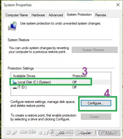 درود
برای ایجاد Restore Point اول باید System Protection رو فعال کنید:
1.روی my computer راست کلیک کرده و properties رو انتخاب کنید
||http://programming.tosinso.com/files/get/0f54f6f8-68c4-4e96-866e-977e95683930||
2.
||http://programming.tosinso.com/files/get/01b10189-f0fa-44d7-bc1b-e2bf4174bc91||
3. drive که میخوایید روش System Protection فعال کنید ، انتخاب و روی configuration کلیک کنید.
||http://programming.tosinso.com/files/get/09eac810-0377-42f6-83dc-f17db740d9d7||
4.گزینه turn on System Protection زو انتخاب و ok کنید
||http://programming.tosinso.com/files/get/7434c7b4-7af5-4cca-a49f-2458537956bb||
5.بعد از فعال کردن System Protection حالا باید یه Restore Point ایجاد کنید
 داریوی که میخواهید Restore Point رو روی اون ایجاد انتخاب و بر روی create کلیک کنید
||http://programming.tosinso.com/files/get/6dea9302-3ea2-4fb6-9b7a-ce0958409cf4||
6.یه اسم یا یه متن دلخواه وارد کنید 
||http://programming.tosinso.com/files/get/409acf79-0025-415d-840f-724701984adb||
7. برای استفاده از این Restore Point :
||http://programming.tosinso.com/files/get/75f6bad1-102e-47d6-b8f9-5b77eeaae329||



