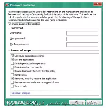 !! ساخت یک پسورد برای Kaspersky Endpoint Security 

- Security-Center 

1- داخل Workstations شده و روی تب Policies بروید 

2- انتخاب کنید KES 10 SP2 workstation policy 

3- روی لینک Configure policy کلیک کنید 

||کسپرسکی سرور 10 ::https://tosinso.com/files/get/950bf4b9-d0b8-4130-b325-3990b28fe95d||

4- سوییچ روی Application Settings انجام دهید 

||کسپرسکی سرور 10 احمد توسلی ::https://tosinso.com/files/get/47579529-dad2-4c2a-a203-6a072eb03365||

5- حالا برای فعال سازی password protection وارد بخش Settings و Password protection بزنید 

||https://tosinso.com/files/get/346b643b-cc9d-4106-9962-0002380c7f8c||

6- چک باکس  Enable password protection را انتخاب کنید 
||https://tosinso.com/files/get/09ee9879-85a6-4ee5-a26a-6bf6a88ab5f7||

7- یک نام مثلاً KLAdmin و پسورد root قرار دهید 

||https://tosinso.com/files/get/27c7786a-d149-403c-84bc-e25af8624a7f||

8- حالا گزینه های  Exit the application, Disable Kaspersky Security Center policy و Remove / modify / restore the application و روی ok کلیک کنید 

||https://tosinso.com/files/get/c86a555c-faa6-43b5-a3fb-567a9c425d5f||

9- روی OK کلیک کنید 

10- حالا منتظر میمانیم تا پالیسی اعمال شود 

11- روی Laptop بروید و روی KES راست کلیک و Exit را بزنید باید کادری مثله زیر باز شود :

||https://tosinso.com/files/get/29b55d80-57c5-4430-87ac-147bc171e032||

12- در Password check روی Cancel کلیک کنید 

13- حالا در سیستم عامل ویندوز وارد Programs and Features شوید 

14- انتخاب Kaspersky Endpoint Security 10 for Windows و روی Change کلیک کنید 

||https://tosinso.com/files/get/3f4869fc-297f-41a8-b281-74961226f19d||

15- برای حذف Kaspersky Endpoint Security روی Remove کلیک کنید 

||https://tosinso.com/files/get/e3adbf63-edc0-4fff-bbe8-cd73c610b7ab||

16- حالا NEXT را بزنید بدون اینکه کادر زیر را پر کنید :

||https://tosinso.com/files/get/17da529b-0873-48d6-af73-14012cc42791||

17- مشاهده می کنید که کسپرسکی بدون پسورد پاک نمی شود روی پیام زیر OK کنید :

||https://tosinso.com/files/get/ecb50443-cf27-4aa6-ba85-a81836096e9f||

18- ویزارد حذف را cancel کنید 


نویسنده : سید احمد توسلی
منبع : |جزیره امنیت اطلاعات و ارتباطات وب سایت توسینسو::https://tosinso.com/security|
هرگونه نشر و کپی برداری بدون ذکر منبع و نام نویسنده دارای اشکال اخلاقی است



