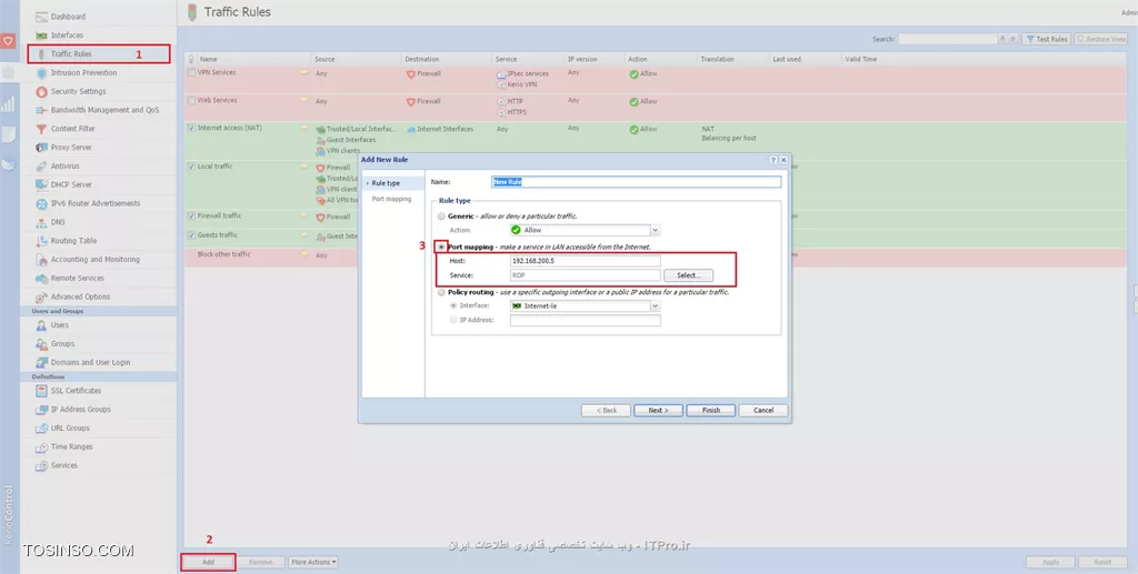 طبق شکل زیر میتونید Port Forwarding انجام بدید:
||http://security.tosinso.com/files/get/0a3142ab-cef3-4ea9-8c44-27a3e93187a1||
و شکل زیر هم نحوه عوض کردن پورت ورودی رو نشون میده:
||http://security.tosinso.com/files/get/1a80e94a-693e-4736-9ef9-b71d48f4f967||