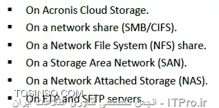 --
وقتی که Acronis backup advanced را در نصب کرده ایم قدم بعدی تعین جائی برای ذخیره سازی Backup های گرفته شده می باشد. ABA برای ذخیره سازی اطلاعات خود از Vaults استفاده می کند. Vaults یک مکان مرکزی و متمرکز برای ذخیره سازی Backup های گرفته شده تعریف می کند.Vaults برای ذخیره اطلاعات از دو روش استفاده میکند:
•	Managed
•	Unmanaged
تفاوت این دو را می توانید در جدول زیر مشاهده کنید:
||http://tosinso.com/files/get/f7bd07f7-ea4b-43a1-ae96-13c28ea63b28||
||http://tosinso.com/files/get/a38e7ad7-2d05-410b-b519-58a892740cf9||
واضحه ولی بعضی از پارامترها را توضیح میدم  
•	Deduplication این فابلیت فقط در روش Managed قابل پیاده سازی می باشد و کار آن کاهش فضای ذخیره سازی Storage می باشد و اینکار را با حذف فایلی های هم سایز وهمشکل در یک Storage node انجام می دهد.توضیح مکانیزم Deduplication باعث طولانی شدن این مقاله می شود. 
برای اطلاع بیشتر فایل زیر را بخوانید:
<c#>
http://www.acronis.com/download/docs/abr10d/datasheet/
<c#>
•	قابلیت رمزگذاری کردن Vaults : این قابلیت باعث رمزگذاری شدن اطلاعات ذخیره شده در این Vaults می شود. در زمان خواندن اطلاعات از این Vault اطلاعات رمزگشائی می شود. 
•	Backup Storage node: استفاده از این سرویس، فقط در روش Managed قابل اجراس.
•	Data Catalog را هم در بخش Backup storage توضیح می دهم.
•	Cloud Storage: با این متد میتوانید اطلاعات خود را در سرورهای Acronis ذخیره کنید.
نکته : در روش  Managed فقط میتوانیم  Storage node را ایجاد کنیم.
ما دو نوع Vaults در ABA داریم:
•	Centralized Vaults 
•	Personal vaults
Centralized vault : یک Storage خاص که بر روی Network قرار دارد مشخص می کند. و بصورت پیش فرض تمام Backup plan ها و غیره در این Vaults قرار دارند. روش Managed فقط در این Vaults قابل پیاده سازی میباشد.
Personal Vaults : زمانی می توانید از این Vault استفاده کنید که به صورت مستقیم به Managed Machine وصل شوید و از ریسورسهای آن مانند Disk Drive- removable Storage  و غیره استفاده کنید.
نکته : به Client/Serverی که بر روی آن Agent نصب شده است Managed Machine گفته می شود.
*Vault path: * به پارامتری گفته میشود که محل ذخیره سازی در روش Unmanaged را و Managed را مشخص می کند.
Vault path های Managed :
||http://tosinso.com/files/get/c9a8b48e-5f2c-4435-bb94-41a1c5060063||
 Vault path های Unmanaged :
||http://tosinso.com/files/get/0ac23163-6c27-4ab8-9303-caa87340bf73||
روش ایجاد یک Vault در Centralized vault :
به Management server وصل می شویم و قسمت Vault را کلیک می کنیم:
||http://tosinso.com/files/get/099eab0e-61f4-433f-afa8-6d094ca4c9f9||
||http://tosinso.com/files/get/d96a1aa9-a0aa-44cd-8c33-f537a73bfb32||
یکی از روش های Manage and unmanaged را انتخاب و Path را کلیک کنید.
||http://tosinso.com/files/get/cf11cb0a-8b1e-40b6-91df-3bef2fc10300||

یکی از Storageهای مورد نظر را انتخاب و Ok کنید.
NFS Folder  یکی از پروتکلهای به اشتراک گذاشتن پوشه در محیطهای Linux می باشد. میتوانید این سرویس را به راحتی در Windows server 2012 R2 پیاده سازی کنید.
SFTP Server مخفف Secure File Transfer Protocol می باشد که بوسیله پروتکل SHH
یک FTP سرور نسبتا امنی برای کاربران ایجاد میکند. 
از این دو پارامتر میتوانید در ایجاد یک Vault استفاه کنید.
||http://tosinso.com/files/get/e2582e24-f30e-40f9-b174-b8bc32b442d5||
روش ایجاد Vault در Personal Vault :
برای اینکار با Management Console به یکی از Managed machine وصل شوید:
||http://tosinso.com/files/get/2a7dee5f-ea65-4732-9540-15bab8219c0a||
||http://tosinso.com/files/get/91fb85ec-a95e-46f5-b116-64ed7c71a616||
و گذینه Create را کلیک کنید:
||http://tosinso.com/files/get/63290095-21b6-4b58-871b-04e2ece1e110||
میشه اینطوری نتیجه گرفت که استفاده از Removable Storage and local Disk فقط در Personal Vault امکان پذیر می باشد.
بقیه پارامترها و مانند اضافه کردن Vault حذف Vault و غیره کار راحتیه و نیازی توضیح خاصی نداره.

در فایل آموزش بعدی Backup Storage Node را آموش می دهم.

موفق و پیروز باشید 

نویسنده: احمد جهلولی 
منبع: |جزیره راهکارهای ذخیره سازی اطلاعات وب سایت توسینسو ::https://tosinso.com/virtualization|
نشر و کپی برداری، صرفاً با ذکر نام نویسنده و منبع مجاز می باشد. 