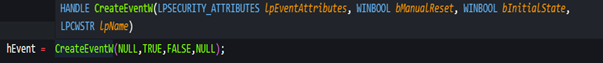 We create an event with the CreateEventW function