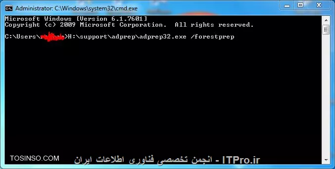 1- دي وي دي win server 2008 r2 رو داخل درايو قرار بدهيد
2- cmd رو باز کنيد
3- فايل Adprep.exe را از پوشه support ----> adprep پيدا کنيد
3- براي سادگي کار ميتوانيد فايل Adprep.exe يا Adprep32.exe را با توجه به نوع سيستم عامل، به داخل cmd درگ (drag) کنيد
4- در ادامه ي آدرسِ فايل که در cmd وارد شده است دستور زير را با يک فاصله وارد کنيد

<left>
/forestprep
<left>

براي مثال :

||http://network.tosinso.com/files/get/0b3fd04b-0e4f-4bd4-ba46-f66d9b716072||
