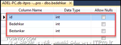 با سلام
خوب شروع می کنیم یه جدول ایجاد می کنیم توی بانک اطلاعاتیمون با مشخصات پایین :
<center>
||https://dba.tosinso.com/files/get/0ba44c8e-4003-46f7-a4e2-2488802d9013||
<center>
همان طور که گفتید ستون JAM اصلا وجود نداره یعنی ما ایجادش نکردی در مرحله ی طراحی .
اطلاعات زیر و وارد جدول می کنیم همون طور که گفتید :
<center>
||https://dba.tosinso.com/files/get/d377860a-9a23-4d61-b9cb-462e1cc27ee1||
<center>
خوب حالا وقت نوشتن کوئری است :
بخش اول کوئری :
<center>
||https://dba.tosinso.com/files/get/f208dfce-d863-471d-b16c-b3712b49ac18||
<center>
یک متغیر جدول ایجاد میکنیم چرا : چون یک ستون قراره به جدول موقتمون اضافه بشه واین ستون در جدول اصلی ما وجود نداره . دقیقا جدول موقتمون یا متغیر جدولمون رو با تمامی ستون های جدول اصلی + یک ستون بابت JAM ایجاد می کنیم .
در بخش دوم ما با استفاده از دستور Insert تمامی سطرهای جدول اصلی رو وارد جدول موقتمون یا متغیر جدول می کنیم 
دقت کنید که این دستور Insert....Select زمانی کارساز خواهد بود و اجازه ی استفاده از اون و داریم که : دقیقا جدول اول و جدول دوم از لحاظ نام ستون ها و تعداد ستون ها یکی باشد پس ما پارامتر آخر در دستور Insert که همان پارامتر آخر دستور Select هست را برای تمامی سطرها 0 قرار داده ایم .
بعدش یک سری متغیر کمکی از نوع int تعریف می کنیم متغیر i برای شمارنده ی حلقه .
متغیر endrow برای تعیین آخرین سطر جدول دقت کنید برای تشخیص آخرین سطر جدول از تابع MAX استفاده کردیم که بزرگترین مقدار اون ستون رو بر می گردونه .
متغیر firstjam هم برای مقدار آخرین ستون یعنی JAM به کارگرفته شده که برای بروز رسانی هر سطر ازش استفاده می کنیم .
خوب بخش دوم کوئری :
<center>
||https://dba.tosinso.com/files/get/15d3267a-b535-4185-9ac2-1fef1ce80177||
<center>
خوب بخش دم هم شامل حلقه ی تکرار از سطر شماره ی 1 اولین سطر تا آخرین سط که با تابع MAX بر اساس ID اخرین سطر رو هم مشخص کردیم
خوب داخل حلقه برای اولین سطر یه شرط داریم اونم اینکه چون سطر اول هنوز JAM مقدار اولیه ایی نداره پس کافیه که ستون بدهکار را از بستانکار کم کنیم و در ستون آخر قرار دهیم
خوب اول اینکه توی دستور Select مقدار سطر اول به ازای jam  رو حفظ می کنیم در سطرهای بعد بهش نیاز داریم
و دستور آپدیت هم برای اینکه متغیر جدول ما رو ستون آخرش رو بروز کنه
خوب بعد از سطر اول : JAM از سطر اول باید با حاصل تفرق بدهکار و بستانکار جمع بشه که این کار و در دستور Select خارج از IF قرار دادیم یعنی از سطر 1 به بعد
خوب دستور اپدیت هم هر ستون و به ازای شماره ردیف ستون JAM همون سطر رو بروزرسانی می کنه
**** و دقت می کنیم که برای خروج از حلقه باید شمارنده یا همون متغیر i خودمون رو به ازای هر سطر یکی اضافه کنیم
و دستور select آخر هم برای نمایش اطلاعات هست .
اینم نتیجه ی نهایی  :
<center>
||https://dba.tosinso.com/files/get/570128e5-c55c-496a-a1b8-9dea0292a39e||
<center>
اینم خود کوئری :
<center>
<sql>
Declare @tabletemp table
(
 id int,
 Bedehkar int,
 Bestankar int,
 jam int null
)

Insert into @tabletemp
select id,Bedehkar,Bestankar,0 from bedehkar

Declare @i int,@endrow int,@firstjam int
set @i=1

Select @endrow=Max(id) from @tabletemp
while @i<=@endrow
begin
if @i=1
begin
select @firstjam=bedehkar-Bestankar from @tabletemp where id=@i
Update @tabletemp
set jam=@firstjam
where id=1
set @i=@i+1
end
select @firstjam=(@firstjam+bedehkar)-Bestankar  from @tabletemp where id=@i
Update @tabletemp
set jam=@firstjam
where id = @i
set @i=@i+1
end
select * from @tabletemp
<sql>
<center>
و اینم کوئری مورد نیاز ساخت جدول بدهکار :
<center>
<sql>
USE [db-itpro]
GO
/****** Object:  Table [dbo].[bedehkar]    Script Date: 1396/04/26 12:54:08 ب.ظ ******/
SET ANSI_NULLS ON
GO
SET QUOTED_IDENTIFIER ON
GO
CREATE TABLE [dbo].[bedehkar](
	[id] [int] IDENTITY(1,1) NOT NULL,
	[Bedehkar] [int] NOT NULL,
	[Bestankar] [int] NOT NULL
) ON [PRIMARY]
GO
<sql>
<center>
