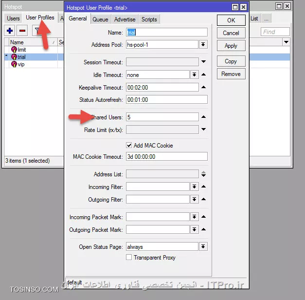 شما باید در قسمت ip >hotspot>server profile گزینه trail فعال کنید 
||http://network.tosinso.com/files/get/a9e2e6c8-4ada-4860-a788-832f559a2dc1||
و اگر می خواهید محدویت بیشتری اعمال کنید یک پروفایل بسازید و اون پروفایلو در قسمت Trial user profile عکس بالا اضافه کنید قسمت shared users تعداد یوزرهایی که به طور هم زمان میتونن وصل بشن مشخص میکنید 
حالا وقتی صفحه login باز میشه بالاش یه قسمت به نام trail هست
||http://network.tosinso.com/files/get/0bc4d981-e659-4bce-89c0-95a328675b60||