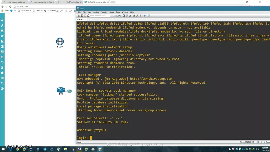نیازی به نصب روی هیچ OS ای نیست، خودش از پیش روی لینوکس نصب شده شما فقط دانلود کنید و Deploy کنید، روی VMWare Workstation هم اجرا میشه
تو گوگل میتونید لینک دانلودشو پیدا کنید!
UNetLab یه emulator فوق العاده هست ولی به صورت پیش فرض هیچ image ای روش نداره (هیچ دیوایسی توش نیست)، یه بنده خدا اومده ایمیج های (دیوایس های) رایج رو داخلش اضافه کرده و اسمشو گذاشته UNetLab Lite
نسخه جدیدش دیگه منتشر نمیه، با اسم دیگه ای منتشر میشه: eve-ng که روی CPU های AMD ران نمیشه واسه همین پیشنهاد ندادم، و نسخه Lite اونو نمیشه تو اینترنت پیدا کرد (لینک ها همه expire شدن)، اگه بخواهید از eve-ng استفاده کنید میتونید ایمیج های UNetLab رو داخلش انتقال بدید (واسه این کار باید با UNetLab کار کرده باشید و بدونید باید ایمیج ها کجا کپی بشن)

اینم تصاویرش که الان دارم ازش استفاده می کنم:
 ||https://security.tosinso.com/files/get/4cb09d19-c365-485f-a2d3-4d43f35c8a52||

vSRX در حال اجرا:
||https://security.tosinso.com/files/get/0bd28e68-7c28-4f5a-a49c-2f008d904ab1||