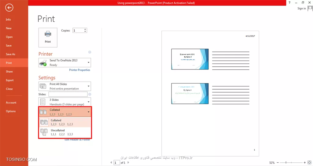 !! آموزش تنظیمات پاورپوینت
سلام به همه ی itpro ای ها!! امروز با یک پست آموزشی دیگر از آموزش تصویری پاورپوینت 2013 همراهتون هستم در این بخش میخوایم تنظیمات پاورپوینت مون رو انجام بدیم که با توجه به زیاد بودن این قسمت اون رو به دو بخش تقسیم کردم که ابتدا به بخش اول تنظیمات می پردازیم خب با ما همراه باشید.ابتدا پاورپوینت 2013 رو باز می کنیم و به File میریم گزینه هایی که در این بخش میبینید:

info هست که یک سری اطلاعات مربوط به پاورپوینت رو در اختیارمون میگذاره برای مثال در کادر properties شما می تونید ببینید که تعداد صفحه اسلایدهاتون چقدره، عنوان پاورپوینت چی هست،موضوع،نویسنده،تاریخی که پاورپوینت ایجاد شده،تاریخ آخرین تغییرات،حجمش و...(درواقع اطلاعاتی از این قبیل رو مشاهده کنید)

||https://tosinso.com/files/get/a96a4d37-0d8a-4560-a753-136e8266afba||
اما در همین صفحه درکادر کناری properties یک سری گزینه های کاربردی داریم که به ترتیب بهشون می پردازیم:
آیکون *optimize media compatibility* هست که اگر شما این گزینه رو انتخاب کنید پاورپوینت تون به همراه رسانه هایی مثل audio یا کلیپ و... که داخلش استفاده کردید رو قادر می کنید که به راحتی با سایر کامپیوتر ها سازگار بشه و در سیستم های دیگه هم اجرا بشه . آیکون *media size and performence *رو اگر انتخاب کنید می تونید کیفیت پاورپوینت و رسانه های داخلش رو برای ارائه مشخص کنید که کیفیت آنلاین داشته باشه یا نه کیفیتش پایین باشه و...

||https://tosinso.com/files/get/6497db4e-1082-4e8f-b11a-8417f8b494f6||

با استفاده از قابلیت *protect presentation* شما می تونید از پاورپوینت خودتون محافظت کنید:

اگر mark as final رو انتخاب کنید می تونید امکان ویرایش کردن پاورپوینت تون رو غیرفعال کنید به این ترتیب کسی نمیتونه پاورپوینت شما رو ویرایش کنه.با انتخاب encrypt with password برروی پاورپوینت رمز بگذارید.گاهی اوقات افراد با انتخاب add a digital signature یک امضای دیجیتالی برای پاورپوینت شون انتخاب می کنند.

||https://tosinso.com/files/get/d789ab2d-d8b2-425e-b2b4-219b3b8402a5||

آیکون بعدی* inspect presentation* هست که باانتخاب آن شما تنظیمات نهایی رو بررسی می کنیدکه چه گزینه ها و قابلیت هایی برای شما هنگام ارائه فعال هست:

||https://tosinso.com/files/get/a48b6788-dde5-4ac0-8b64-8fda6362f4bc|| 
 اما سایر گزینه ها در بخش file که یکیش new هست که ابتدای آموزش بهش پرداختیم که از همین بخش می بایست اسلایدمون رو ایجاد می کردیم.گزینه ی open که از طریق این بخش میتونیم پاورهایی رو که تا بحال درست کردیم ببینیم و یکی رو به دلخواه باز کنیم.گزینه ی save و save as رو هم که حتما باهاش آشنایی دارید و زمانی که ما بخوایم پاورپوینت مون رو داخل فایلی در pc ذخیره کنیم از این گزینه ها استفاده می کنیم و مسیر فایل پاورپوینت مون رو مشخص می کنیم.اما نوبتی هم باشه نوبت تنظیمات مربوط به پرینت هست که در بخشsetting رو اگر انتخاب کنید منوی کوچکی براتون باز میشه که گزینه های متفاوتی داره:

print all slide: این گزینه برای زمانیه که بخواین همه ی صفحه اسلایدها چاپ بشه.
print current slide: فقط اسلاید مورد نظرتون رو که روش هستید پرینت میگیره.

||https://tosinso.com/files/get/acc5d2b9-6e74-4663-b30e-f69d12abbed2||

وقتی که full page slide رو انتخاب کنیم نحوه ی نمایش صفحه اسلایدهامون به هنگام چاپ رو نشون میده که آپشن های مختلفی هم داره به دلخواه یکی رو انتخاب می کنیم که در اینجا من حالتی رو انتخاب کردم که درکنار صفحه اسلایدها بشه متنی رو هم یادداشت کرد:

||https://tosinso.com/files/get/c140a531-068d-4777-965c-fa31e5a4b3e7||

گزینه ی collated رو داریم که مشخص می کنیم به چه ترتیبی یا به چه صورتی از صفحاتمون پرینت گرفته بشه مثلا اول n بار صفحه1 سپس n بار صفحه 2 ،n بار صفحه3 پرینت گرفته بشه یا نه به ترتیب از1تا 3 به تعداد دفعات پرینت گرفته بشه (کلا مدل های پرینت گرفتن رو در این قسمت می تونید انتخاب کنید.)

||https://tosinso.com/files/get/0cf41317-cefd-49fb-9d66-f200731bc325||

گزینه ی share رو داریم که با انتخاب اون می تونید پاورپوینت تون رو به شکل ایمیل،آنلاین و..به اشتراک بگذارید:

||https://tosinso.com/files/get/bc70db8d-15d8-4dad-9d4f-deffa6e4e34c||

به پایان این بخش از آموزش تصویری پاورپوینت 2013 رسیدیم امیدوارم که مطالب مفید بوده باشه و مورد پسند قرار بگیره.
*itpro بــاشیــد.*

نویسنده: حمیده سلامی
منبع: |جزیره مبانی کامپیوتر و مهارت های هفتگانه وب سایت توسینسو::https://tosinso.com/icdl|
هرگونه نشروکپی برداری از نوشته بدونه ذکر منبع و نام نویسنده حرام است.
