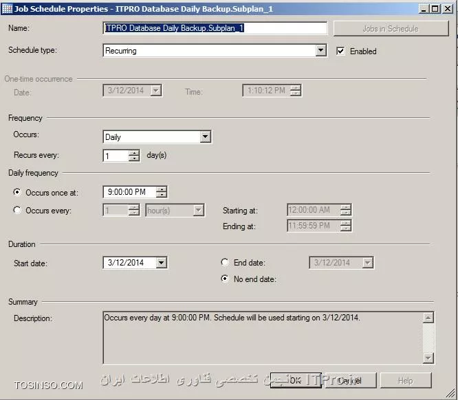 تصویر ششم : تعیین تقویم زمانبندی برای گرفتن backup از SQL  سرور