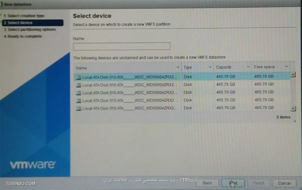 سپاسگزارم از جوابتون جناب آقای مهندس نصیری بزرگوار 

تو این یکی دو ساعت با دو روش رفتم جلو 
روش اول (نصب ESXi روی فلش )  :   هاردها رو Raid میکنم طبق همون دستورالعمل و مثلا یه پارتیشن درست میشه با یه حجم کامل (اینجا من با 4 تا هارد تست کردم )
||http://virtualization.tosinso.com/files/get/05e0fb5c-f83a-4857-addd-042a69ad2505||

همونطور که میبینین یه پارتیشن درست میشه و بعد از این محیط خارج میشم و ESXI رو با انتخاب فلش نصب میکنم . بعد از اینکه وارد محیط ESXI میشم و میخوام Datastore بسازم با این صحنه مواجه میشم : 
||http://virtualization.tosinso.com/files/get/8197c488-d3c6-4643-a5e3-60b739156513||

روش دوم ( نصب بر روی هارد)  : هاردها رو Raid میکنم و همون پارتیشن ساخته میشه و عملیات نصب رو با انتخاب یک هارد انجام میدم (اینجا با 6 هارد تست کردم)  
||http://virtualization.tosinso.com/files/get/a6dcb3ba-b10d-43d7-b89c-755b714f0a6b||
 بعد از اینکه وارد محیط ESXI میشم و میخوام Datastore بسازم با این صحنه مواجه میشم : 
||http://virtualization.tosinso.com/files/get/87e50855-48a9-47db-a597-79abce99dd75||
و این ... 
||http://virtualization.tosinso.com/files/get/0efd97a4-e4a4-4dad-afb7-3768095f444b||

همونطور که میبینید مشکل به این صورت پیش اومده 

البته اینو هم بگم در هیچکدوم از راه حل ها نمیشه در محیط esxi چندتا هارد رو باهم انتخاب کرد 


سپاسگزار میشم راهنمایی بفرمائید 
