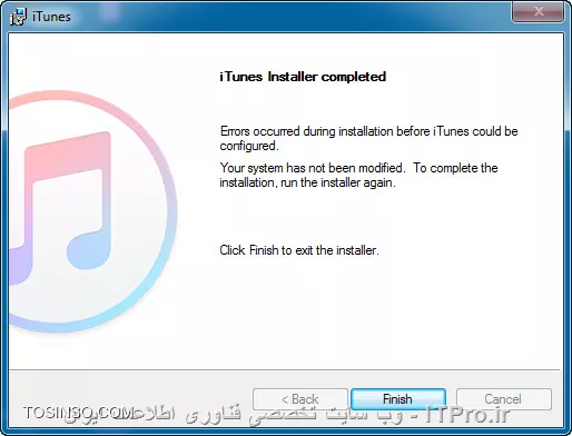 با سلام و عرض ادب

بنده روي Windows 7 64-bit  خودم يک iTunes 12.2.2.25 رو دارم و که ورژن جديد اون يعني iTunes 12.5.1 رو دانلود کردم و حالا زمان نصب اين ورژن جديد با پيغام خطاي زير مواجه ميشم:

||http://tosinso.com/files/get/3b5ccb31-d60e-4d4e-b65d-86cdd86df4d1||

و در نهايت نيز اين پيغام مبني بر عدم نصب نشان داده ميشود!

||http://tosinso.com/files/get/0f4decf9-928c-4b65-8c90-ced7f55646ad||

ممنون ميشم راهنمايي بفرمائيد که مشکل به نظر شما از چه مينونه باشه؟!

با تشکر