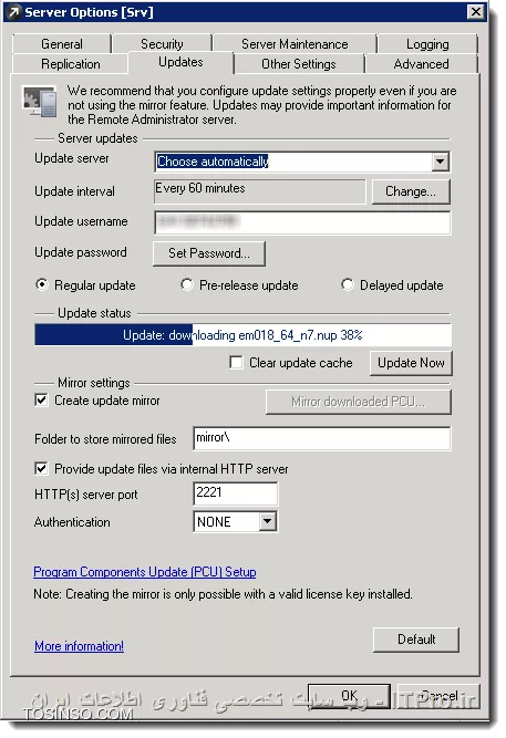 با سلام 
اگر منظورتون استفاده از ESET Endpoint Security و ESET Remote Administrator ورژن 5 هست، برای اینکه کلاینت ها آپدیت ها رو از طریق پروتکل http دریافت کنن نیازی به راه اندازی iis و website نیست.بعد از نصب کامل ESET Remote Administrator Server و ESET Remote Administrator Console به مسیر زیر برید
Tools > Server Options… > Updates
||http://network.tosinso.com/files/get/0f6132ff-9456-49dc-b9a9-486bb3388d0f||
update server را بر روی choose automatically قرار دهید.
در قسمت update username و update password لایسنس رو وارد کنید.
checkbox سه مورد clear update cache و create update mirror و Provide update files via internal HTTP را تیک بزنید.
سپس update now رابزنید تا شروع به آپدیت شدن بکند.
port پیش فرض 2221 tcp هستش که بر روی کلاینت ها آدرس update server رو میبایست به شکل زیر وارد کنید 
<left>
http://server name or IP Address:2221
فکر کنم تمام موارد لازم رو گفتم اگه کم و کاستی داشت به بزرگی خودتون ببخشید.