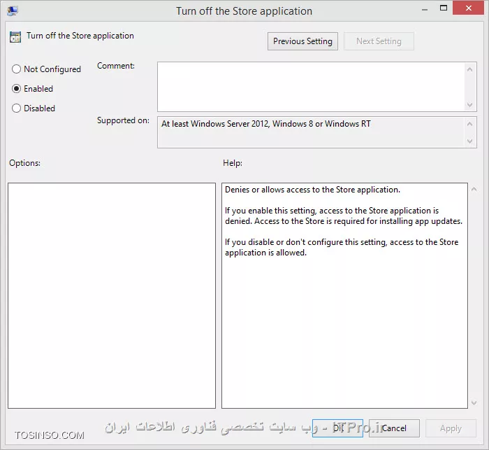 در آموزش امروز به بررسی دو قابلیت دیگر در ویندوز 8 به نام های AppLocker و نیز Software Restriction Policies خواهیم پرداخت. این دو قابلیت هایی هستند که می توان به واسطه آنها برنامه یا برنامه های خاصی را بر روی کامپیوتر مسدود کرد تا افراد بدون اجازه ادمین نتوانند برنامه یا برنامه های خاصی را باز کرده و با آن کار کنند. به عنوان نمونه فرض کنید برنامه ای حسابداری بر روی کامپیوتر شرکت یا منزل داشته که نمی خواهید دیگران با باز کردن آن به اطلاعات یا تراکنش های مالی تان دسترسی یابند یا از آن ها مطلع شوند. پس در چنین سناریویی این دو قابلیت در مسدود سازی برنامه ها به کارتان خواهد آمد. ابتدا به معرفی و نیز کار با AppLocker می پردازیم. 

!! *مسدود کردن اپلیکیشن های Windows App*
همان گونه که در جلسات پیش نیز اشاره شد، می دانیم که Windows App نام قابلیت جدیدی در ویندوز 8  می باشد که از آن برای اجرای برنامه ها بر روی پلتفرم های ویندوز و موبایل استفاده می گردد (آموزش کار با |Windows App::https://tosinso.com/articles/40530/%d8%a2%d9%85%d9%88%d8%b2%d8%b4-%d8%b1%d8%a7%db%8c%da%af%d8%a7%d9%86-%d9%88%db%8c%d9%86%d8%af%d9%88%d8%b2-8-%d8%a8%d9%87-%d8%b5%d9%88%d8%b1%d8%aa-%da%af%d8%a7%d9%85-%d8%a8%d9%87-%da%af%d8%a7%d9%85|). حال تصور کنید به عنوان ادمین شبکه یا حتی فردی که مالک کامپیوتر می باشیم، به هر دلیل دوست نداریم افراد بتوانند Windows Appها را اجرا و با آن کار کنند. یعنی قصد داریم تا سیاست هایی را بر روی کلاینت اعمال کرده تا افراد قادر به دسترسی به App Store مایکروسافت نباشند و نیز نتوانند بدون اجازه App بر روی سیستم شان نصب کنند. از این روی می توانیم از AppLocker در ویندوز 8 کمک بگیریم. بدین منظور مراحل زیر را به ترنیب دنبال نمایید:

1. ابتدا وارد گروپ پالیسی شوید (آموزش کار با گروپ پالیسی در |این لینک::https://tosinso.com/articles/40530/%d8%a2%d9%85%d9%88%d8%b2%d8%b4-%d8%b1%d8%a7%db%8c%da%af%d8%a7%d9%86-%d9%88%db%8c%d9%86%d8%af%d9%88%d8%b2-8-%d8%a8%d9%87-%d8%b5%d9%88%d8%b1%d8%aa-%da%af%d8%a7%d9%85-%d8%a8%d9%87-%da%af%d8%a7%d9%85|)
2. به مسیر زیر رفته و App Store را خاموش نمایید
<left>
User Configuration
   Administrative Templates
      Windows Components
         Store
            Turn off the Store application=Enable
<left>
<center>
||http://tosinso.com/files/get/1058ae53-d822-4815-af0d-7381ef814b4e||
<center>
3. پس از انجام مراحل بالا و خاموش کردن App Store ، برای این که تغییرات را به سرعت مشاهده نماییم می توانیم از فرمان gpupdate استفاده کنید و یا یک بار سیستم تان را ریستارت نمایید.
حال که کلیه مراحل بالا را انجام دادید، برای مطمئن شدن از نتیجه کارمان با رفتن به نوار استارت و کلیک بر روی Windows Store آن را تست می نماییم.
<center>
||http://tosinso.com/files/get/244a6ca9-1805-4095-855b-5efd45854de9||
<center>
و آن گونه که در شکل بالا نیز مشاهده می کنید، با خطای Windows Store isn’t available on this PC روبرو می شویم که بیانگر اعمال شدن تغییرات می باشد. در نتیجه از این پس افرادی که بخواهند به App Store دسترسی پیدا کنند با خطا مواجه می گردند.

!! *مسدود کردن اجرای برنامه ها*
مبحث دوم این آموزش در مورد مسدود سازی نرم افزارها بر روی کامپیوتر است. یعنی به عنوان کسی که مالک کامپیوتر هستیم، قصد داریم تا تدابیری را اتخاذ نماییم تا افراد نتوانند برنامه های خاصی (مثلا فتوشاپ) را بر روی کامپیوتر اجرا و با آن کار کنند. در نتیجه با هم مراحل زیر را گام به گام پیش خواهیم رفت.
بدین منظور ابتدا گروپ پالیسی را باز کرده و به مسیر می رویم:
<left>
Computer Configuration
    Windows Settings
        Security Settings
            Software Restriction Policies
                Additional Rules
<left>
پس از رفتن به مسیر فوق، با راست کلیک بر روی فولدر Additional Rule، و انتخاب گزینه New Hash Rule یا New Path Rule و سپس زدن دکمه Browse، آدرس فایل اجرایی برنامه ای که قصد مسدود سازی آن را داریم وارد می کنیم، که در این مثال مسیر فایل .Exe فتوشاپ می باشد. پس با انتخاب فایل اجرایی مربوطه و در نهایت انتخاب گزینه Disallow از منوی کشویی، مراحل را به اتمام خواهیم رساند.گفتنی ست که افراد می توانند از موارد دیگر نیز در این قسمت (Certificate Rule, Network Zone Rule) استفاده نماییم، اما به لحاظ امنیتی مدل Hash Rule از دیگر روش ها امن تر می باشد.
<center>
||http://tosinso.com/files/get/75893bb5-4358-4ea2-a18b-c04dd79f643a||
||http://tosinso.com/files/get/f35294b0-44bc-46b1-a469-7962eb1653ac||
<center>
حال که همه مراحل با موفقیت به پایان رسید، وقت آن رسیده است تا با اجرای فرمان gpupdate و یا ریستارت کردن کامپیوتر کار را به سرانجام برسانیم. 
<center>
||http://tosinso.com/files/get/1d202f7d-9757-4f33-a4aa-bb5146ed2e43||
<center>
اکنون برای دیدن موفقیت آمیز بودن نتیجه کار، کافی ست تا برنامه فتوشاپ را اجرا کنیم و از نتیجه کارمان مطمئن گردیم. پس با دابل کلیک بر روی آیکون فتوشاپ بر روی دسکتاپ آن را اجرا کرده و آن گونه که در تصویر زیر نیز مشاهده می کنید با خطای عدم دسترسی مواجه می گردیم.
<center>
||http://tosinso.com/files/get/8fd529f4-9013-4c7c-8a0f-e031dc7ded2d||
<center>
<left>
شادی روز افزون برای یکایک دوستان IT PRO
<left>

نویسنده : اسحاق احمدپور
منبع :| جزیره سرویس های شبکه مایکروسافت وب سایت توسینسو::https://tosinso.com/microsoft|
هرگونه نشر و کپی برداری بدون ذکر منبع و نام نویسنده دارای اشکال اخلاقی است