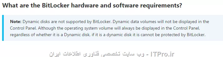 با توجه به گفته زیر:
<ltr>
Note: *Dynamic disks are not supported by BitLocker.* Dynamic data volumes will not be displayed in the Control Panel. Although the operating system volume will always be displayed in the Control Panel, regardless of whether it is a Dynamic disk, if it is a dynamic disk it is cannot be protected by BitLocker.
<ltr>
<c#>
https://technet.microsoft.com/en-us/itpro/windows/keep-secure/bitlocker-frequently-asked-questions
<c#>
||http://tosinso.com/files/get/10750293-6a7a-417e-943f-3f640e75bb77||
می توان Fix Driveهای که بصورت Dynamic mode هستن را بوسیله ترفندی چیزی با BitLocker رمزگذاری کرد؟ 
سیستم عامل من Windows 10 می باشد.
