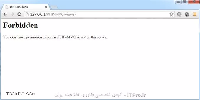 سلام به همه دوستان گلم در ITPro ابتدا قبل از شروع این قسمت یه عذر خواهی کنم بایت وقفه طولانی که ایجاد شد بین قسمت قبلی و این قسمت ، خوب توی قسمت قبلی درباره ErrorDocument ، Redirects  و password protection توضیح دادم و توی این قسمت توضیحات تکمیلی .htaccess براتون میگم بهمراه کد نویسی MVC  . نکته مهم : قبل از اینکه فایل .htaccess بسازید و توش کد بنویسید، برید توی فایل httpd.conf (اگه از wamp استفاده میکنید برید توی منوی wamp توی قسمت apache) و این خطی که در زیر انتخابش کردم پیدا کنید و اگه اول خط، کاراکتر # داشت ، کاراکتر # از اول خط پاک کنید و فایل ذخیره کرده و wamp ریستارت کنید . 
||https://tosinso.com//files/get/370a523a-186b-4d5a-b48f-5af01e053d2a||
4) Deny visitors by IP address : میتونیم جلوگیری کنیم از بازدید بعضی بازدیدکنندگان از وب سایتمون یا اجازه بدیم فقط کاربران با یه رنج آی پی خاص بتونن از وب سایتمون بازدید کنن .مثلاً فقط به ادمین سایت اجازه بدیم که بتونه صفحات حساس وب سایت ببینه و بقیه کاربران قادر نباشن .
<htm>
order allow,deny
deny from 123.45.6.
allow from all
<htm>
کد بالا به همه اجازه میده بتونن وب سایتو ببینن ولی کاربرانی که  سه اکتد آی پی شون این 123.45.6 هست اجازه بازدید از سایت ندارن .
<htm>
order allow,deny
allow from 162.1.1.1
deny from all
<htm>
کد بالایی هم فقط به کاربری با آی پی 162.1.1.1 اجازه میده از وب سایت بازدید کنه و اگه کاربری توی محدوده آی پی تعریف نشده باشه و بخواد وارد سایت بشه با خطای Forbidden مواجه میشه .
||https://tosinso.com//files/get/110262ac-52d4-466f-98ee-ab65f203e558||

5) DirectoryIndex : بصورت پیشفرض Apache بدنبال فایل index.php میگرده تا وب سایت با اون صفحه بیاره بالا (یعنی نشون بده) ، ولی میشه این پیشفرضو تغییر داد ، 
من یه صفحه index.php توی آموزش قبلی ساختم که موقعی که نمایش داده میشد بصورت زیر بود 
||https://tosinso.com//files/get/960448ad-c06f-433d-8c36-4aecd1c75ffb||
و حالا نمیخوام موقعی که وب سایتمو کسی باز میکنه صفحه index.php بصورت پیشفرض براش باز بشه میخوام index.html باز بشه .
کد index.html : فقط یه welcome توش نوشتم :-)
<htm>
<!DOCTYPE html PUBLIC -//W3C//DTD XHTML 1.0 Transitional//EN http://www.w3.org/TR/xhtml1/DTD/xhtml1-transitional.dtd>
<html xmlns=http://www.w3.org/1999/xhtml>
<head>
<meta http-equiv=Content-Type content=text/html; charset=utf-8 />
<title>Untitled Document</title>
</head>
<body>
welcome
</body>
</html>
<htm>
و حالا این کد توی .htaccess مینویسم .
<htm>
DirectoryIndex index.html
<htm>
و بعدش دوباره وب سایتمو باز میکنم میبینید که پیشفرضش تغییر کرد و صفحه که میخواستم باز شد .
||https://tosinso.com//files/get/f8cf8f64-1222-4f5c-a0f5-13c2c60cc21f||
خوب حالا اگه کدمونو به این صورت نوشته بودیم
<htm>
 DirectoryIndex index.html index.cgi index.php
<htm>
Apache ابتدا به دنبال صفحه index.html میگرده تا نمایشش بده و اگه وجود نداشت میره سراغ index.cgi  و در نهایت اگه این صفحه هم وجود نداشت index.php نمایش میده .

6) Disable directory listings : با استفاده از این قابلیت میتونیم جلوگیری کنیم از نمایش بعضی از فایل ها با پسوند های مورد نظر خودمون، یا کلاً جلوگیری کنیم از نمایش فولدرهای وب سایت .
من سه تا فولدر با نام های About,Index,Login توی فولدر Views میسازم (فولدر views توی قسمت قبلی ایجاد کردیم) ، یه چند تا فایل با پسوند jpg. و txt. هم توی فولدر views میسازم (البته این فایل هارو بعدش پاک کنید، چون فقط واسه توضیح disable directory این فایهارو ایجاد کردم بدردمون نمیخوره)  و حالا توی URL آدرس فولدر Views تایپ میکنم و enter میزنم .
||https://tosinso.com//files/get/c93ac99e-d6db-4197-be80-cbe624ea0723||
میبینید که تمام محتویات views نمایش داده شد حالا اگه بخوایم فایل هایی با پسوند txt نمایش داده نشن بصورت زیر کد مینویسیم (توی فایل .htaccess)
<htm>
IndexIgnore *.txt
<htm>
||https://tosinso.com//files/get/df7c03aa-0666-4a24-871c-81e767c61ae7||
یا اگه خواستیم فایل با پسوند jpg هم نمایش داده نشه کد بصورت زیر مینویسیم 
<htm>
IndexIgnore *.txt *.jpg
<htm>
||https://tosinso.com//files/get/14ce8ba5-d20c-417b-9113-4ca6ea8f79ba||
اگه کد بصورت زیر بنویسیم هیچ فایل و فولدری نمایش داده نمیشه ( انگار فولدر خالی هست )
<htm>
IndexIgnore *
<htm>
||https://tosinso.com//files/get/395d0ba6-8db8-4888-b2a9-f94c2e7e3161||
خوب حالا اگه وب سروری که شما وب سایتتونو روش آپ کردید فولدرهارو نمایش نمیده، میتونید با دستور زیر نمایش فولدر برای خودتون فعال کنید .
<htm>
Options +Indexes
<htm>
اگه خواستید کلاً فولدرهای سایتتون نمایش داده نشن میتونید از کد زیر استفاده کنید .
<htm>
Options -Indexes
<htm>
||https://tosinso.com//files/get/7ed0dba8-5af5-47f4-a797-5274439d0dab||
میبینید که دیگه اجازه نمایش فولدر بهمون نمیده .
خوب تا اینجا توضیحاتی که واسه .htaccess دادم کافی هست میریم سر بحث اصلیمون یعنی MVC ( توی ادامه آموزشها، قابلیت های دیگه htaccess براتون میگم ) واسه اطلاعات بیشتر میتونید به سایت زیر سر بزنید .
<left>
http://www.htaccess-guide.com
<left>
خوب حالا قبل از شروع MVC، کدهای زیر توی فایل .htaccess مینویسیم .
<htm>
Options -indexes

ErrorDocument 401 http://127.0.0.1/PHP-MVC/
ErrorDocument 403 http://127.0.0.1/PHP-MVC/
ErrorDocument 404 http://127.0.0.1/PHP-MVC/
ErrorDocument 500 http://127.0.0.1/PHP-MVC/
<htm>
به جای PHP-MVC (اسم وب سایت من هست)، شما اسم وب سایت خودتونو بنویسید .
||https://tosinso.com//files/get/279ca742-b8a9-4ca7-95d9-8cdb67bc8eae||
میبینید بعد از index.php هرچیزی وارد کنیم به ما خطایی نمیده که این خودش یه باگ محسوب میشه و حالا میاییم این باگ برطرف میکنیم.
فایل htaccess. بصورت زیر ویرایش میکنیم :
<htm>
Options +FollowSymlinks
RewriteEngine on

Options -indexes

ErrorDocument 401 http://127.0.0.1/PHP-MVC/
ErrorDocument 403 http://127.0.0.1/PHP-MVC/
ErrorDocument 404 http://127.0.0.1/PHP-MVC/
ErrorDocument 500 http://127.0.0.1/PHP-MVC/

RewriteCond %{REQUEST_FILENAME} !-d
RewriteCond %{REQUEST_FILENAME} !-f
RewriteCond %{REQUEST_FILENAME} !-l

RewriteRule ^(.*)$ index.php?url=$1 [QSA,L]

<htm>
زمانی که بخوایم از Rewrite استقاده کنیم باید قبلش دو خط اول هم بنویسیم . ( البته واسه بعضی از سرورها )
d- و f- و l- یعنی بتونیم با تایپ کردن اسم فایل و فولدر توی URL به اون فایل یا فولدر دسترسی داشته باشیم ،  $(*.)^  یعنی هر فایل و فولدری که توی URL وارد میکنیم ، url هم یه متغییر هست که بعداً توی کدها ازش استفاده میکنیم و 1$ هم تمام مقادیری که بعد از اسم سایت وارد میکنیم شامل میشه .
کد زیر به index.php اضافه میکنیم :
<php>
<?php
	echo $_GET['url'];	
?>
<php>
بصورت شکل زیر :
||https://tosinso.com//files/get/ffd5f0d8-0a96-4abd-91ab-0d0f55a33d3a||
این کد مقادیری که توی متغیر url وارد میکنیم (متغیر url توی کدهای htaccess تعریف کردیم) نمایش میده .
||https://tosinso.com//files/get/b32fc5c9-fb42-4b57-9026-79b6e554f2e2||
مثلاً زمانی که بعد از اسم سایت، مقداری بصورت بالا وارد میکنیم یعنی میخوایم تابعی (در اینجا run یه تابع هست) که توی کدهای کلاس Login نوشته شده اجرا بشه و اگه مقداری نیز بعد از run بیاد،این مقدار به عنوان مقادیر تابع (پارامتر تابع) به حساب میاد .
[QSA] زمانی به درد ما میخوره که بخوایم URL بصورت زیر وارد کنیم و از متغیری به نام b هم استفاده کنیم که در این صورت باید کد زیر به انتهای کد index.php (بعد از دستور echo) اضافه کنید تا نتیجه رو ببینید .
<php>
echo '<br>'.$_GET['b'];
<php>
||https://tosinso.com//files/get/64267654-e9e2-4274-9fb4-98929d5b7035||
ولی اگه این [QSA] نزاریم در موقعی که میخوایم از متغیر b استفاده کنیم بهمون خطا میده .
||https://tosinso.com//files/get/6d8880f7-936b-4984-b635-71f9b90b845f||
خوب حالا میایم مقادیر url جدا میکنیم با استفاده از تابع ()explode ، کدهای php صفحه index.php بصورت زیر تغییر بدید  :
<php>
<?php
	//echo $_GET['url'];
	//echo '<br>'.$_GET['b'];
	
	$url = $_GET['url'];
	$url = explode('/', $url);
	print_r($url);
?>
<php>
دو خط اول غیر فعال کردم چون دیگه بدردمون نمیخورن .
تابع explode مقادیر متغیر url$ جدا سازی میکنه بر حسب کاراکتر /  و خروجیش هم یه آرایه هست .
دستور print_r مقادیر آرایه رو چاپ میکنه .
||https://tosinso.com//files/get/fbb4c01c-984c-42ae-bada-455180885704|| 
خوب طبق چیزی که با لا گفتم اگه URL چرت و پرت هم بنویسیم (بصورت زیر) به ما خطا نمیده
||https://tosinso.com//files/get/e6e71890-0318-4572-bf4f-e2e72616ca21||
 حالا با دستور زیر میگم فقط صفحاتی رو نشون بده که توی وب سایت هست . (کدهای php صفحه Index.php بصورت زیر ویرایش کنید)
<php>
<?php
	//echo $_GET['url'];
	//echo '<br>'.$_GET['b'];
	
	$url = $_GET['url'];
	$url = explode('/', $url);
	//print_r($url);
	
	if(!file_exists(Controllers/.$url[0]..php))
	{
		echo Not Found Page;
	}
?>
<php>
خوب حالا اگه دوباره چرت و پرت بنویسیم (بصورت زیر) به ما خطایی که خودمون نوشتیمو نشون میده، حتی میشه یه صفحه خطا درست کرد و کاربر رو به صفحه ی خطا منتقل کرد .
||https://tosinso.com//files/get/e76e2185-9c9a-4250-9a44-c1d94e4db402||
خوب حالا اگه URL بصورت زیر بنویسیم بهمون خطا میده و اینم یه باگ دیگه هست که باید رفع بشه .
||https://tosinso.com//files/get/6ce34e29-c25f-41c9-8a57-3e9b357cb502||
بصورت زیر این باگ هم برطرف میشه . (کدهای php صفحه index.php بصورت زیر ویرایش کنید)
<php>
<?php
	//echo $_GET['url'];
	//echo '<br>'.$_GET['b'];
	
	if(!isset($_GET['url']))
	{
		$url = 'index';
	}
	else
	{
		$url = $_GET['url'];
	}
	
	$url = explode('/', $url);
	//print_r($url);
	
	if(!file_exists(Controllers/.$url[0]..php))
	{
		echo Not Found Page;
	}
?>
<php>
تابع isset چک میکنه که همچین متغیری ست شده یا نه ( یعنی همچین متغیری اصلاً وجود داره یا نه )
توی کد بالا گفتم اگه چیزی برای url ست نشده باشه، index براش ست بشه .امیدوارم از این قسمت هم استفاده لازم برده باشید . توی قسمت بعدی کلاسها رو توضیح میدم . 


نویسنده : مهدی رزمجویی
منبع : |جزیره طراحی و توسعه وب وب سایت توسینسو::https://tosinso.com/web|
هرگونه نشر و کپی برداری بدون ذکر منبع و نام نویسنده دارای اشکال اخلاقی می باشد