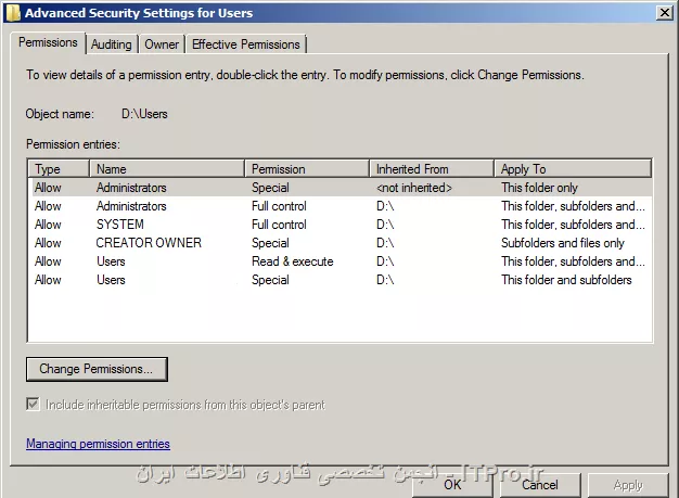 راست کلیک روی فولدر مورد نظر و Properties سپس تب Security دگمه Advanced رو کلیک کنید
||http://network.tosinso.com/files/get/5bab6e55-5639-47e6-997a-600c8de30e1c||
Change Permissions رو انتخاب کنید 
||http://network.tosinso.com/files/get/11538281-c4f8-4096-997c-cef481498c40||
سپس همینجا تیک Include inheritable permissions رو بردارید تا ارث بری ازش گرفته شه
||http://network.tosinso.com/files/get/4b50f913-28ad-4f84-bbb5-632cd375323c||
 تا بتونید به راحتی با تب  Permissions گروه ها یا یوزر های مورد نظرتون رو توسط Set special permissions و دگمه Add انتخاب کنید نکته مهم دیگه ای که در اینجا هست انتخاب گزینه (At Apply To) هست که میتونید این مجوز ها رو برای یک فیال یا فولدر یا ... انتخاب کنید مثلاً اگر This folder only انتخاب کنید این مجوز ها فقط به این فولدر داده میشه و به فایل های داخلی اش داده نمیشه سپس یوزر یا گروه رو از قسمت View or change special permissions انتخاب کنید و با زدن دگمه Edit میتونید دسترسی مورد نظرتون رو به اون فایل یا فولدر برای هر یوزر انتخاب کنید
||http://network.tosinso.com/files/get/90e017bc-8737-4749-a081-132c4bae1117||
